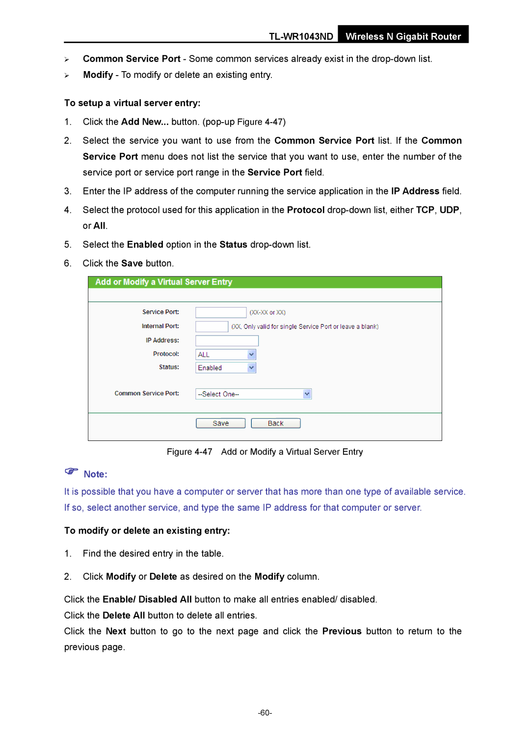 TP-Link TL-WR1043ND manual To setup a virtual server entry, Add or Modify a Virtual Server Entry 