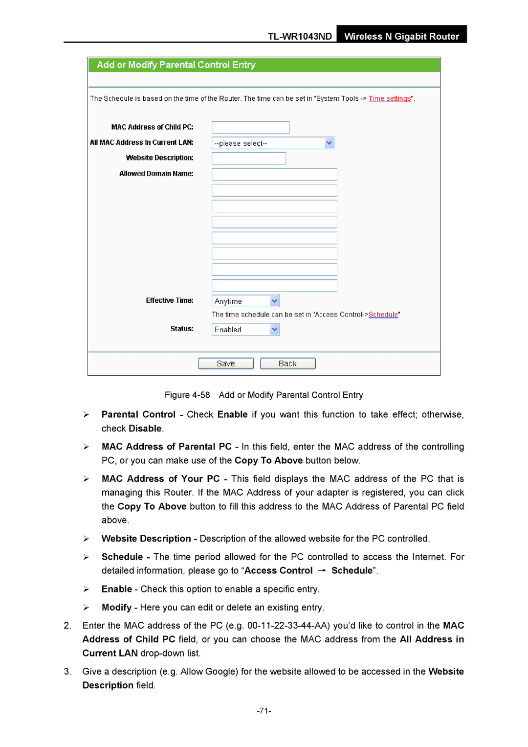 TP-Link TL-WR1043ND manual Add or Modify Parental Control Entry 