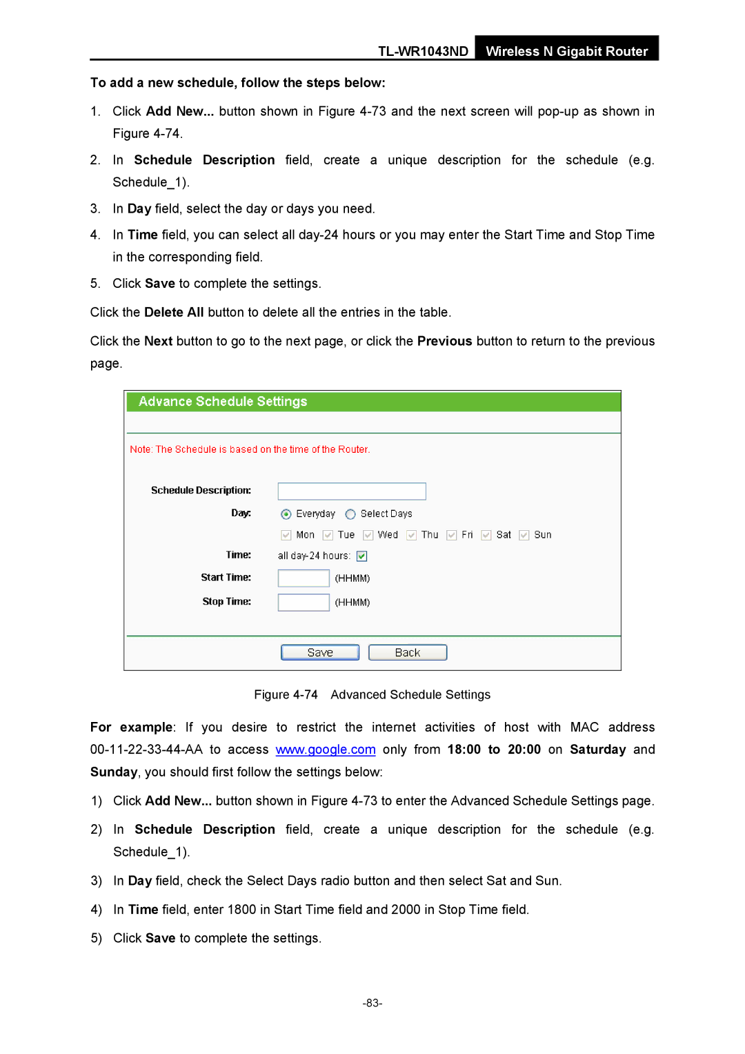 TP-Link TL-WR1043ND manual To add a new schedule, follow the steps below, Advanced Schedule Settings 