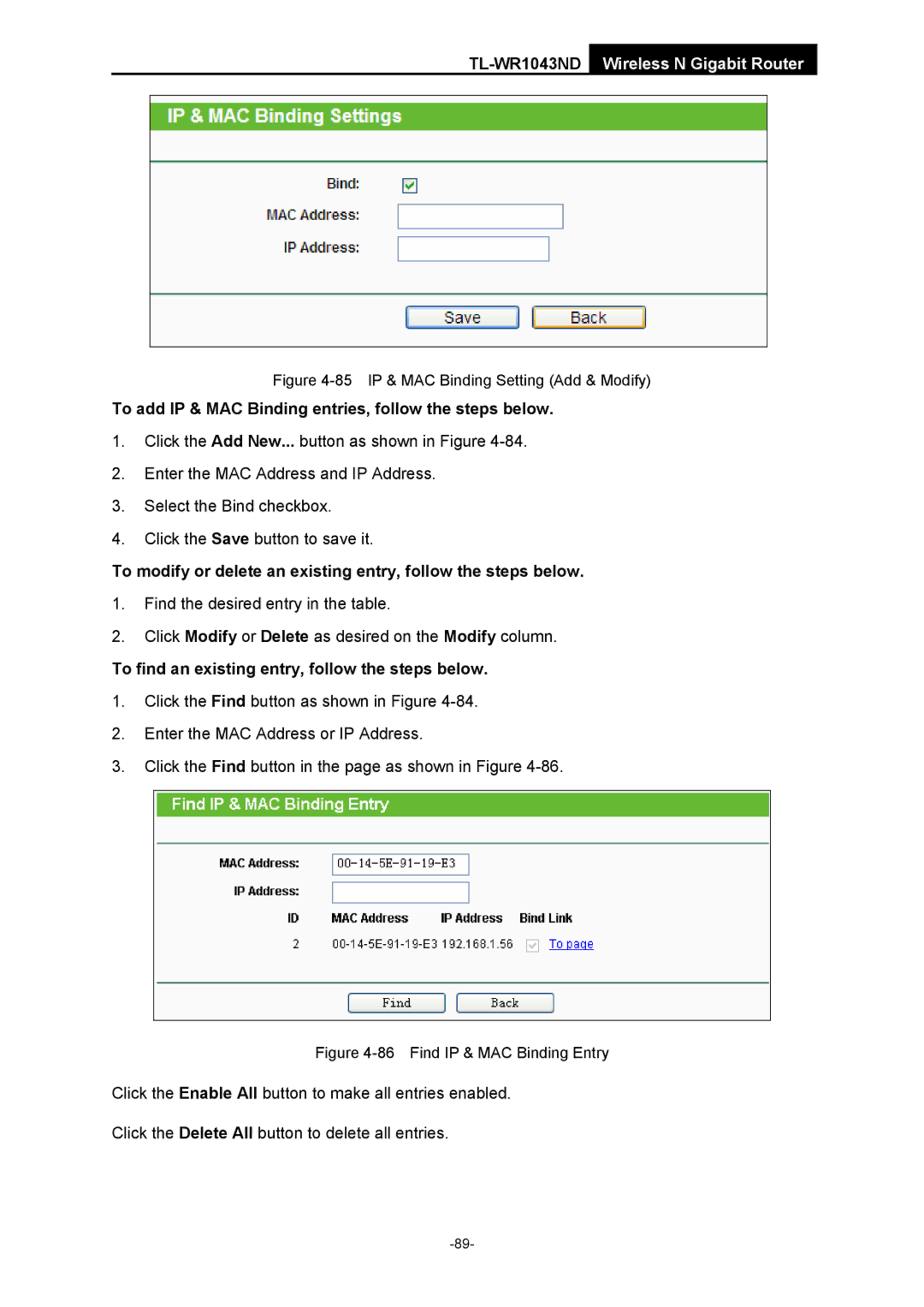 TP-Link TL-WR1043ND manual To add IP & MAC Binding entries, follow the steps below 