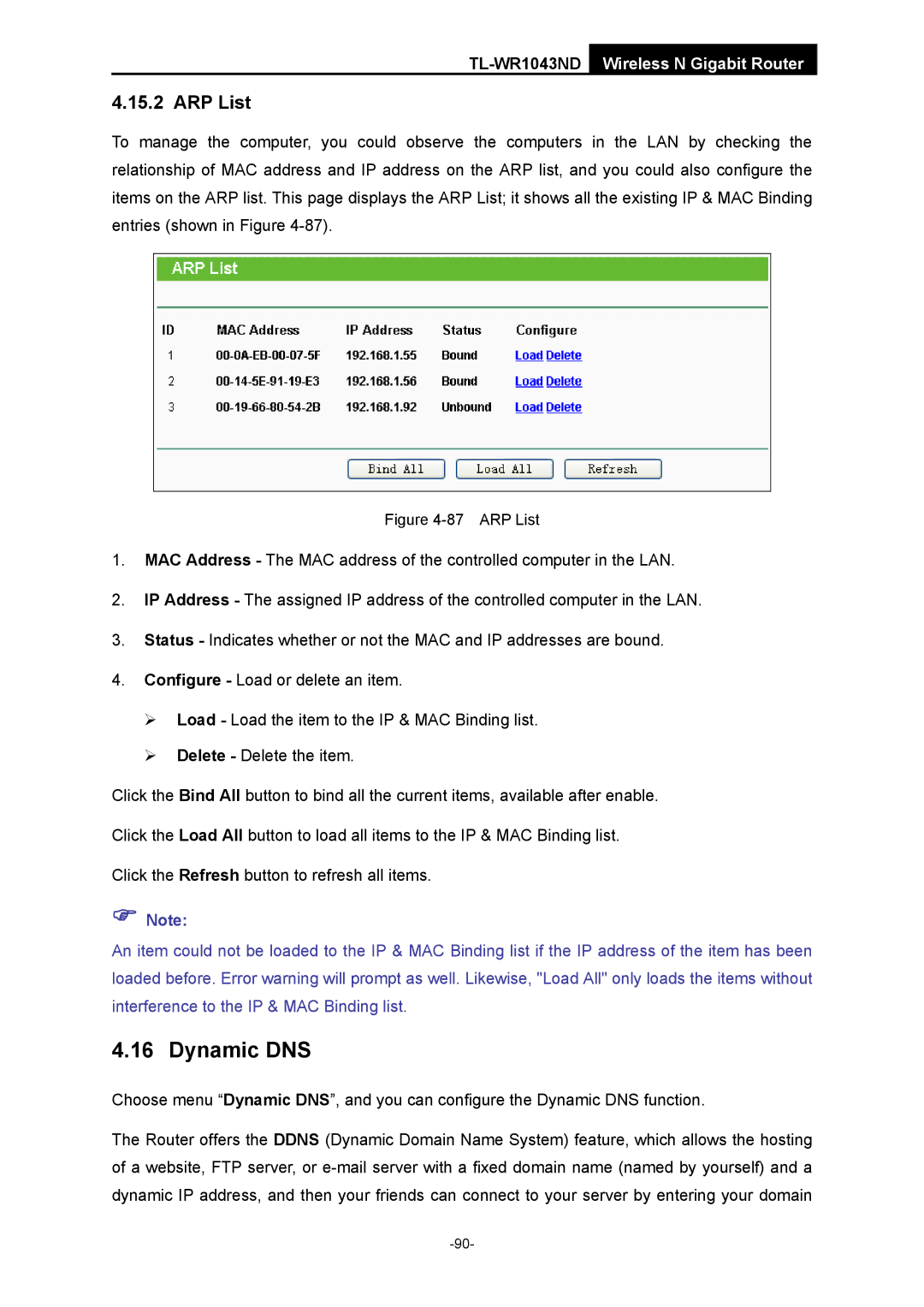 TP-Link TL-WR1043ND manual Dynamic DNS, ARP List 