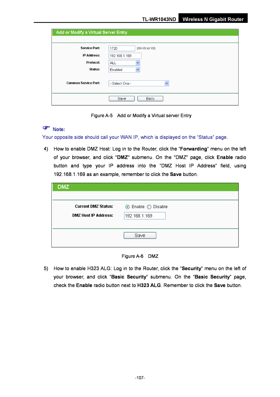 TP-Link manual TL-WR1043ND Wireless N Gigabit Router, Figure A-5 Add or Modify a Virtual server Entry, Figure A-6 DMZ 