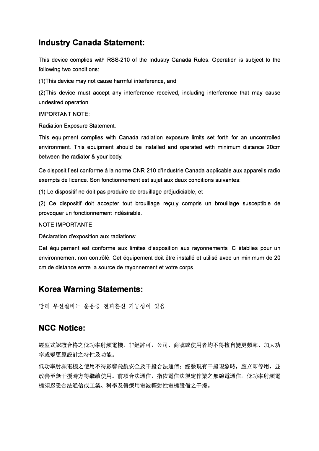 TP-Link TL-WR1043ND manual Industry Canada Statement, Korea Warning Statements, NCC Notice 