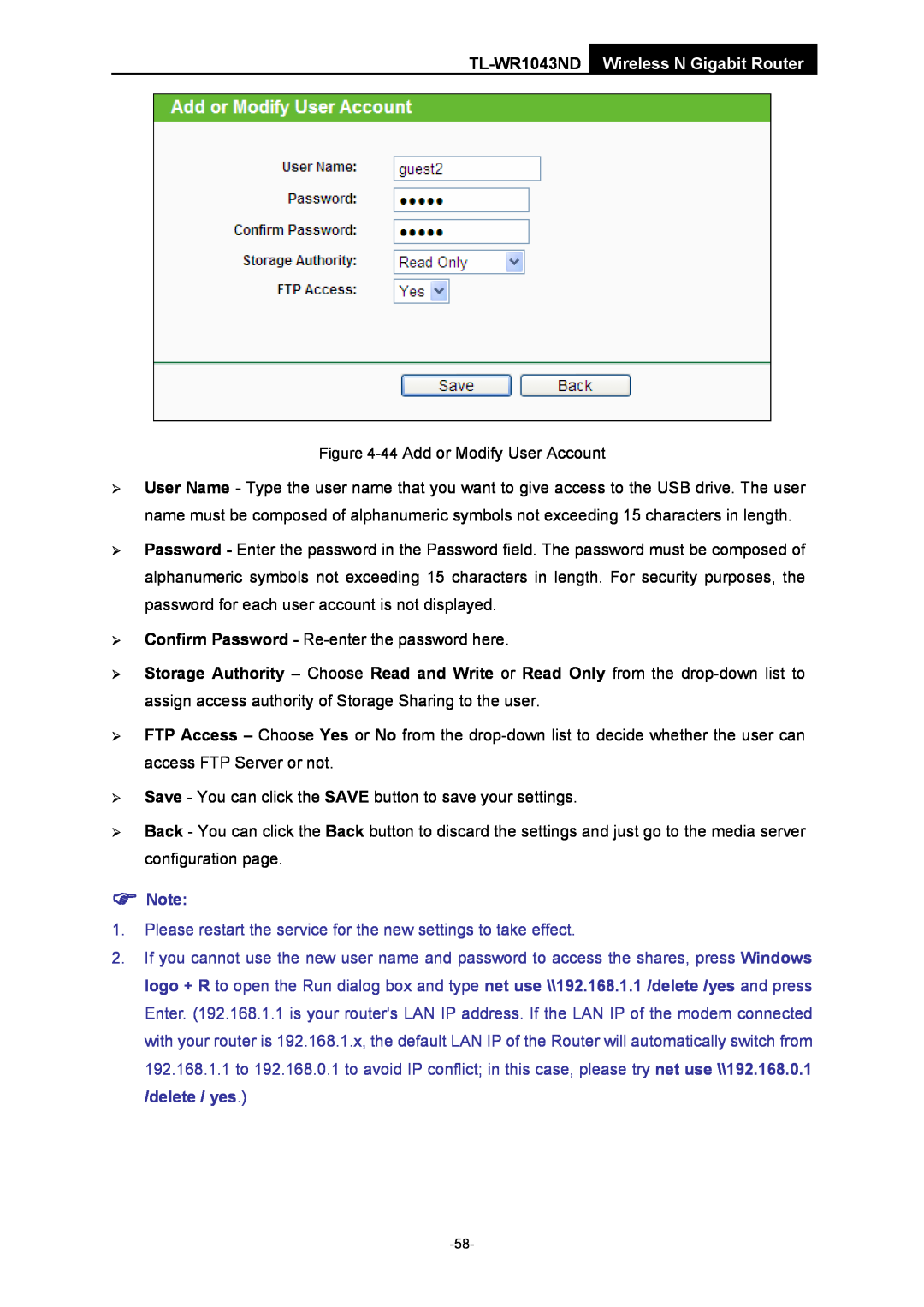 TP-Link manual Please restart the service for the new settings to take effect, TL-WR1043ND Wireless N Gigabit Router 