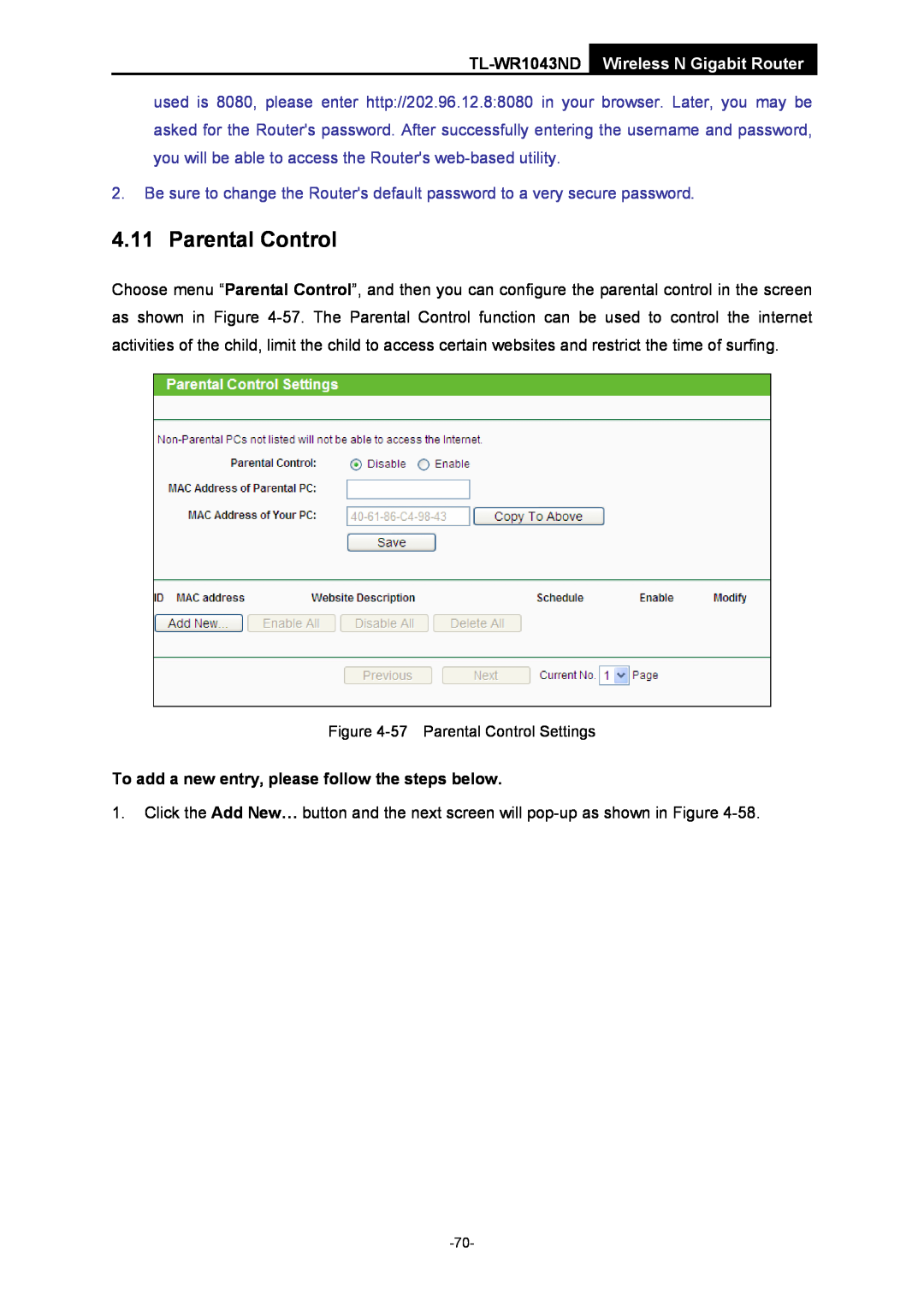 TP-Link TL-WR1043ND manual Parental Control, To add a new entry, please follow the steps below 