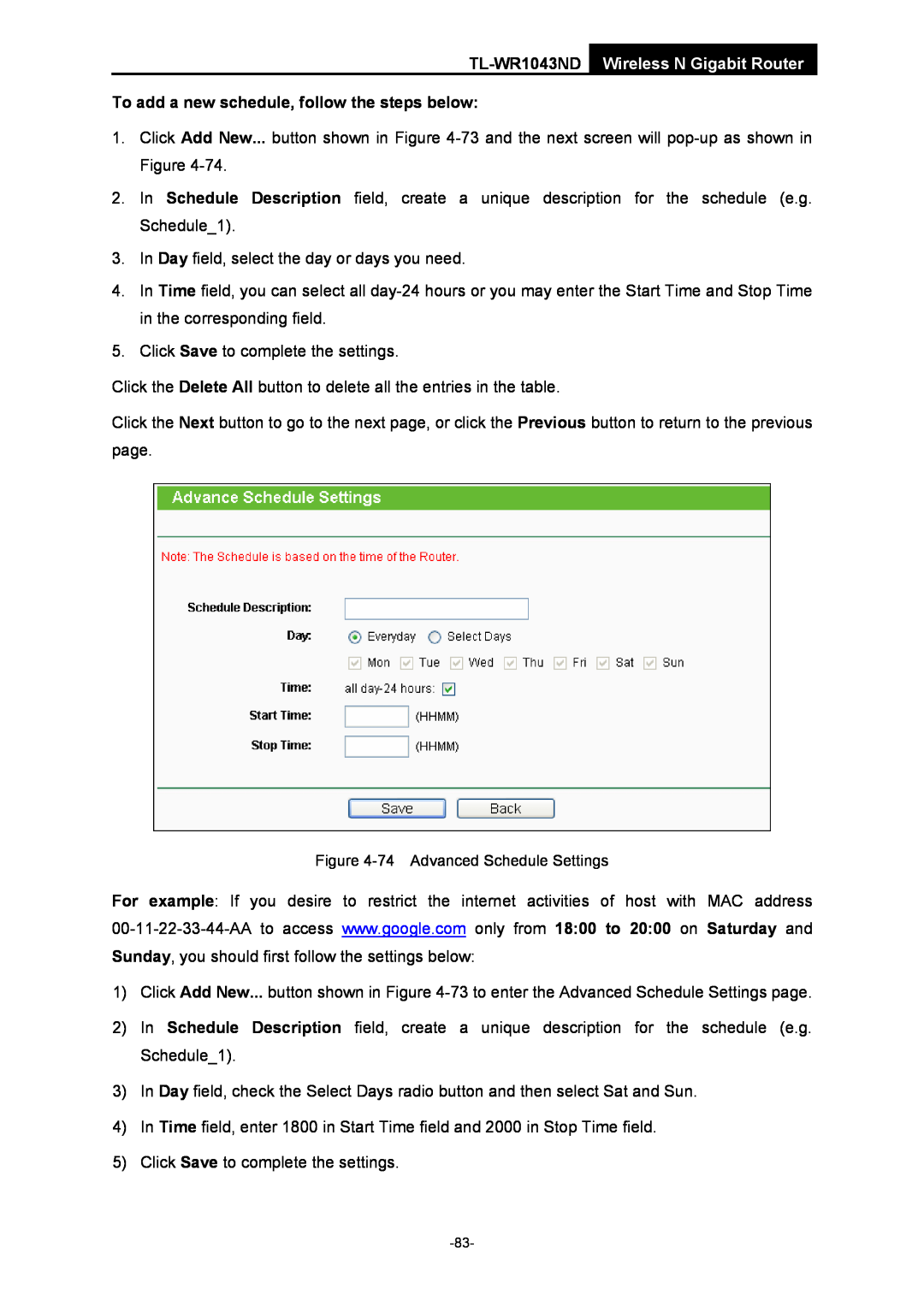 TP-Link manual To add a new schedule, follow the steps below, TL-WR1043ND Wireless N Gigabit Router 