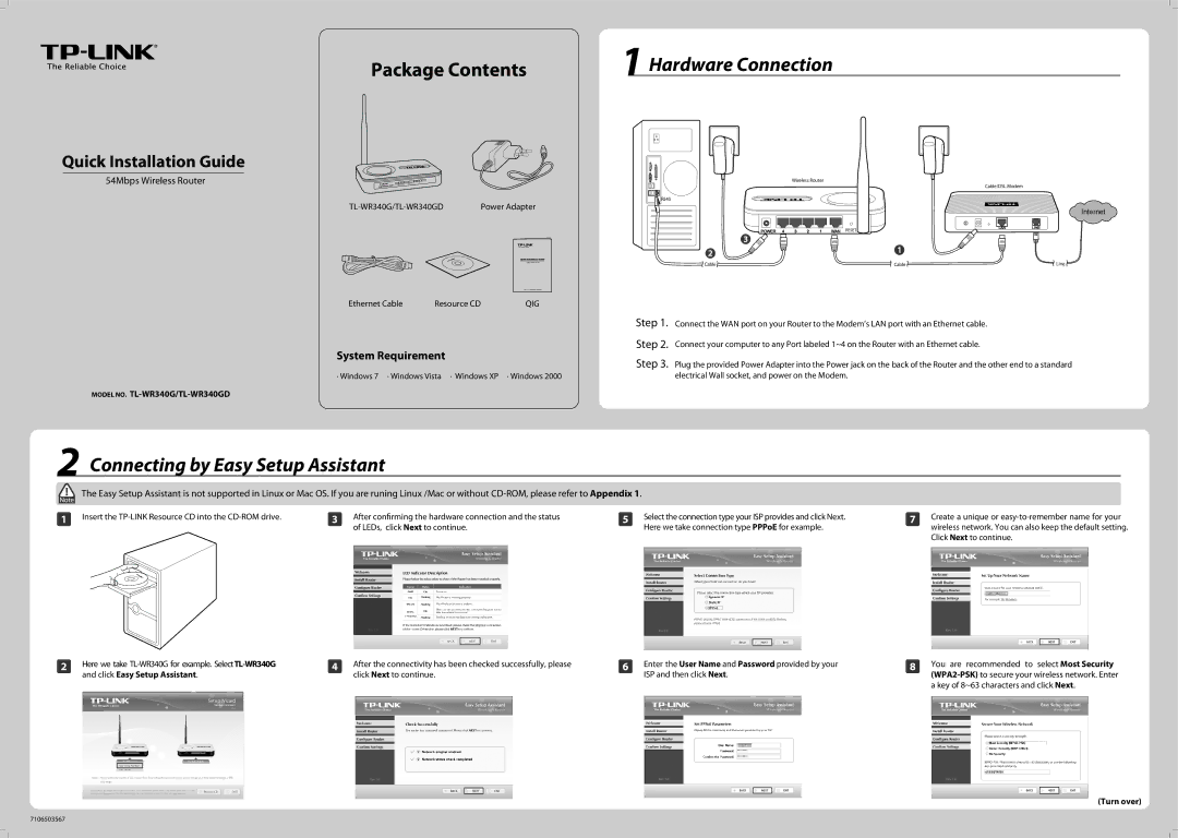 TP-Link TL-WR340GD appendix Hardware Connection, Connecting by Easy Setup Assistant, Ethernet Cable Resource CD 