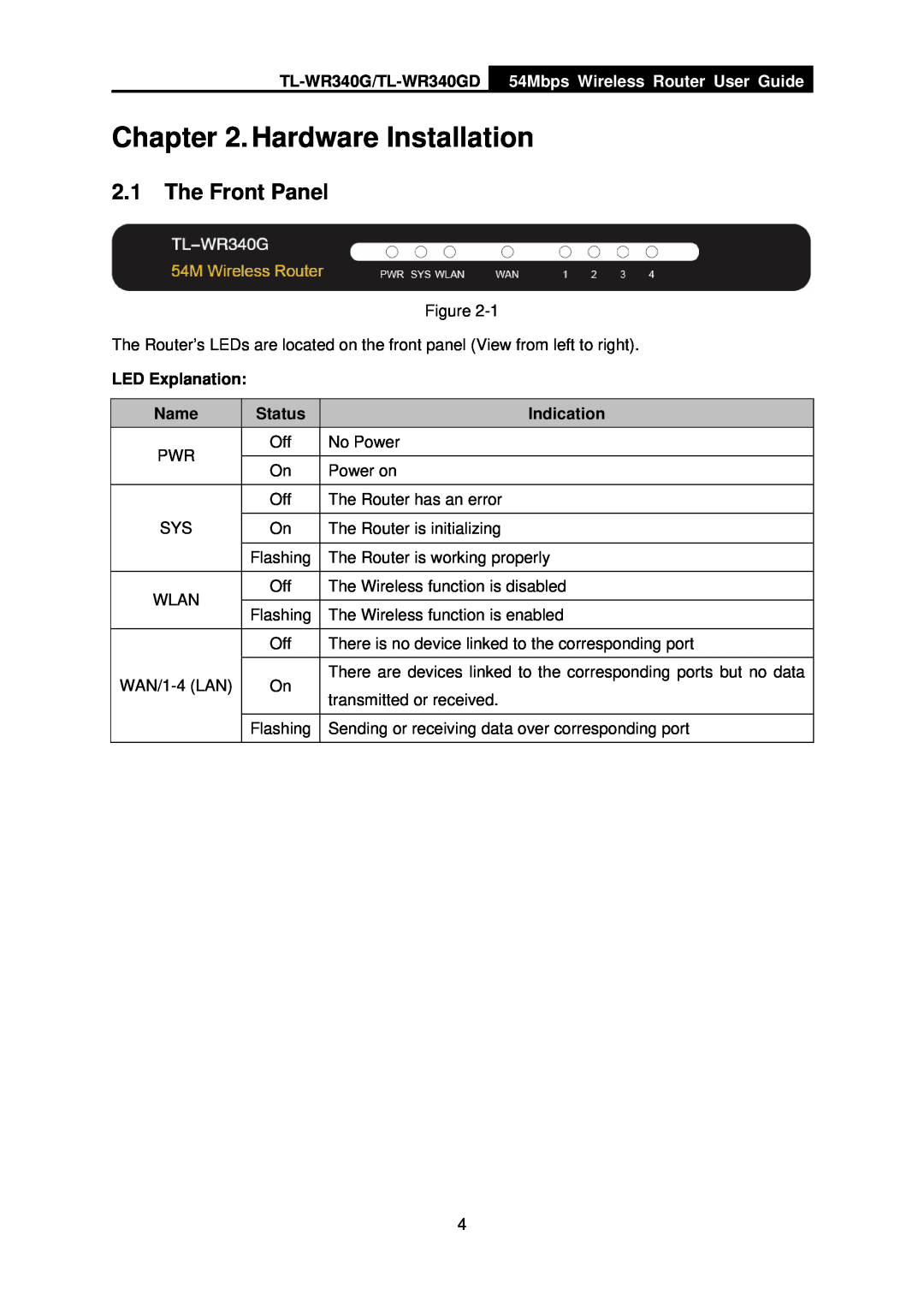 TP-Link Hardware Installation, The Front Panel, TL-WR340G/TL-WR340GD, 54Mbps Wireless Router User Guide, Indication 