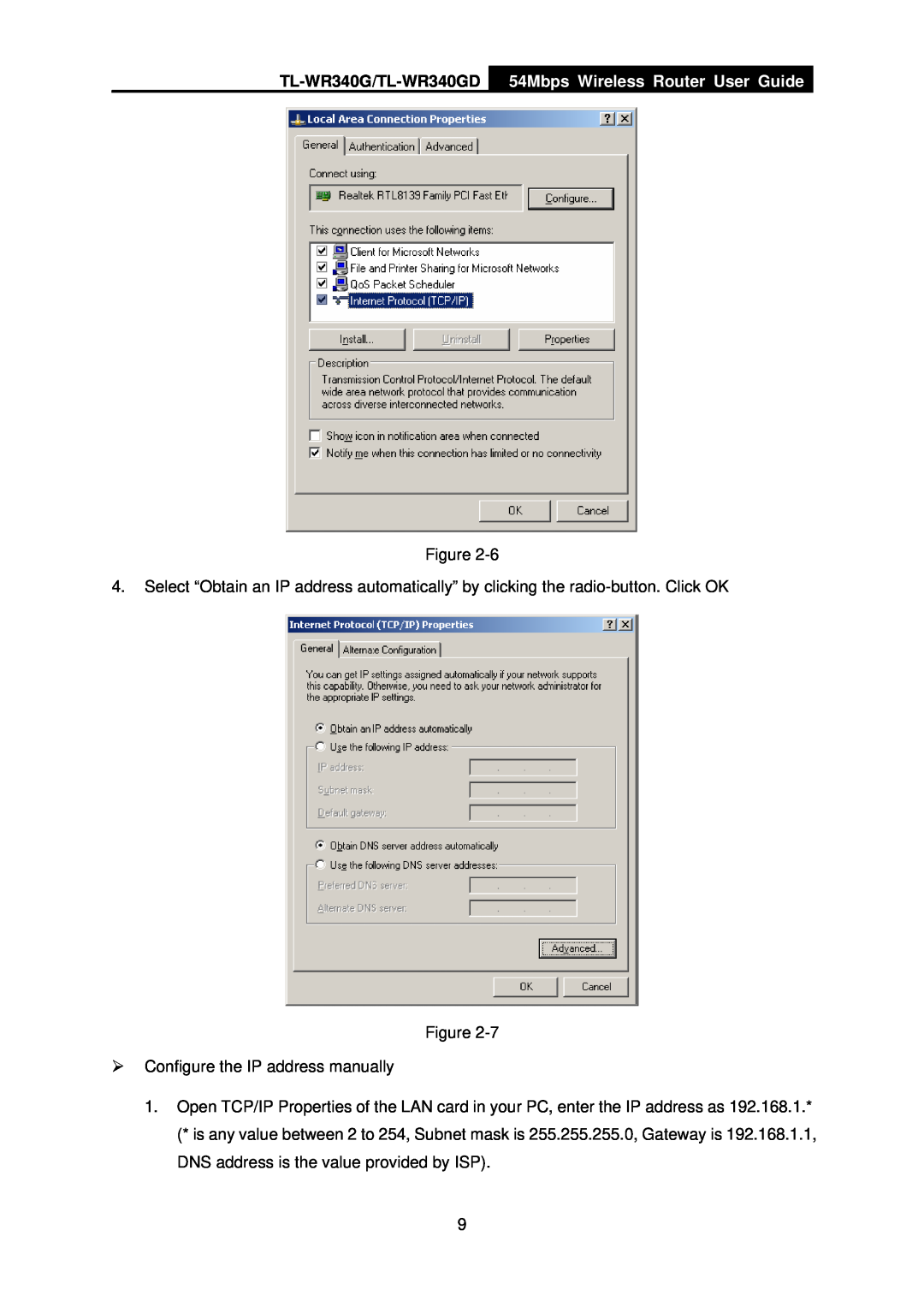 TP-Link TL-WR340G/TL-WR340GD, 54Mbps Wireless Router User Guide, ¾ Configure the IP address manually 