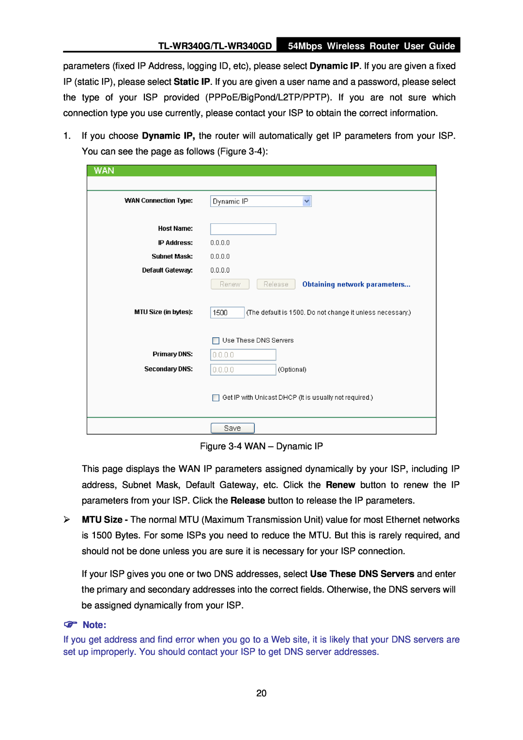 TP-Link manual TL-WR340G/TL-WR340GD, 54Mbps Wireless Router User Guide, 4 WAN - Dynamic IP 