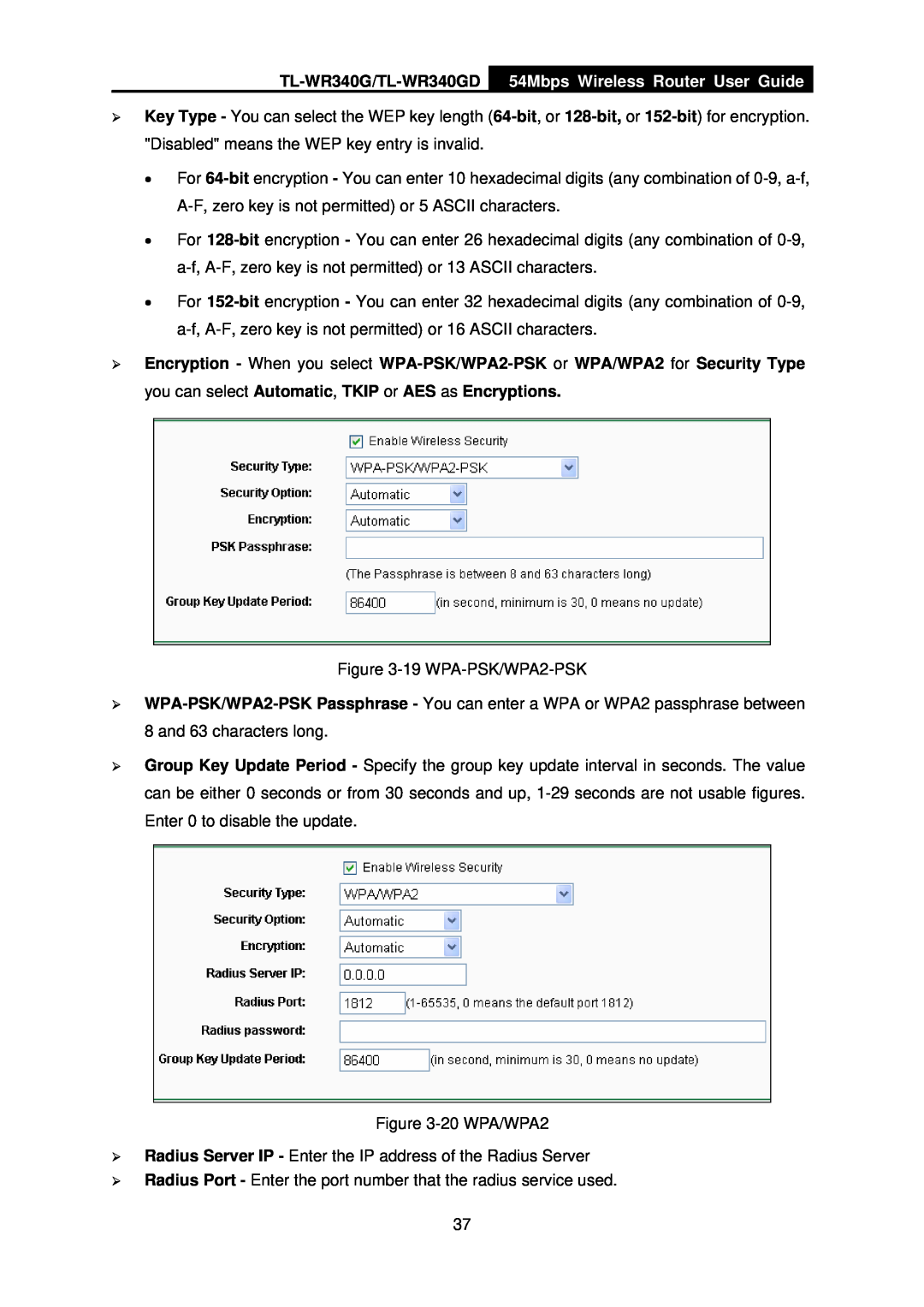 TP-Link manual TL-WR340G/TL-WR340GD, 54Mbps Wireless Router User Guide, 19 WPA-PSK/WPA2-PSK 