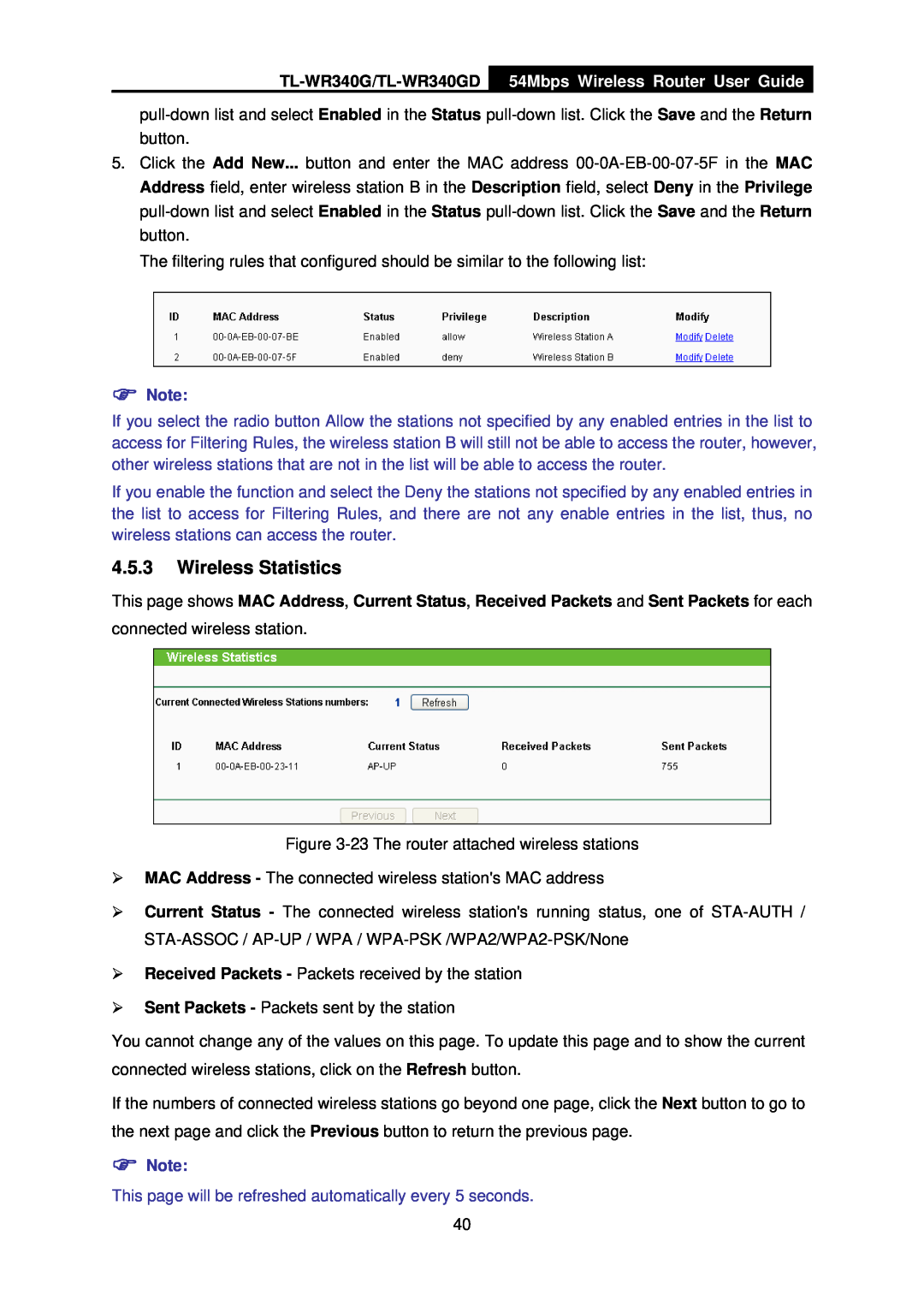 TP-Link manual Wireless Statistics, TL-WR340G/TL-WR340GD, 54Mbps Wireless Router User Guide 