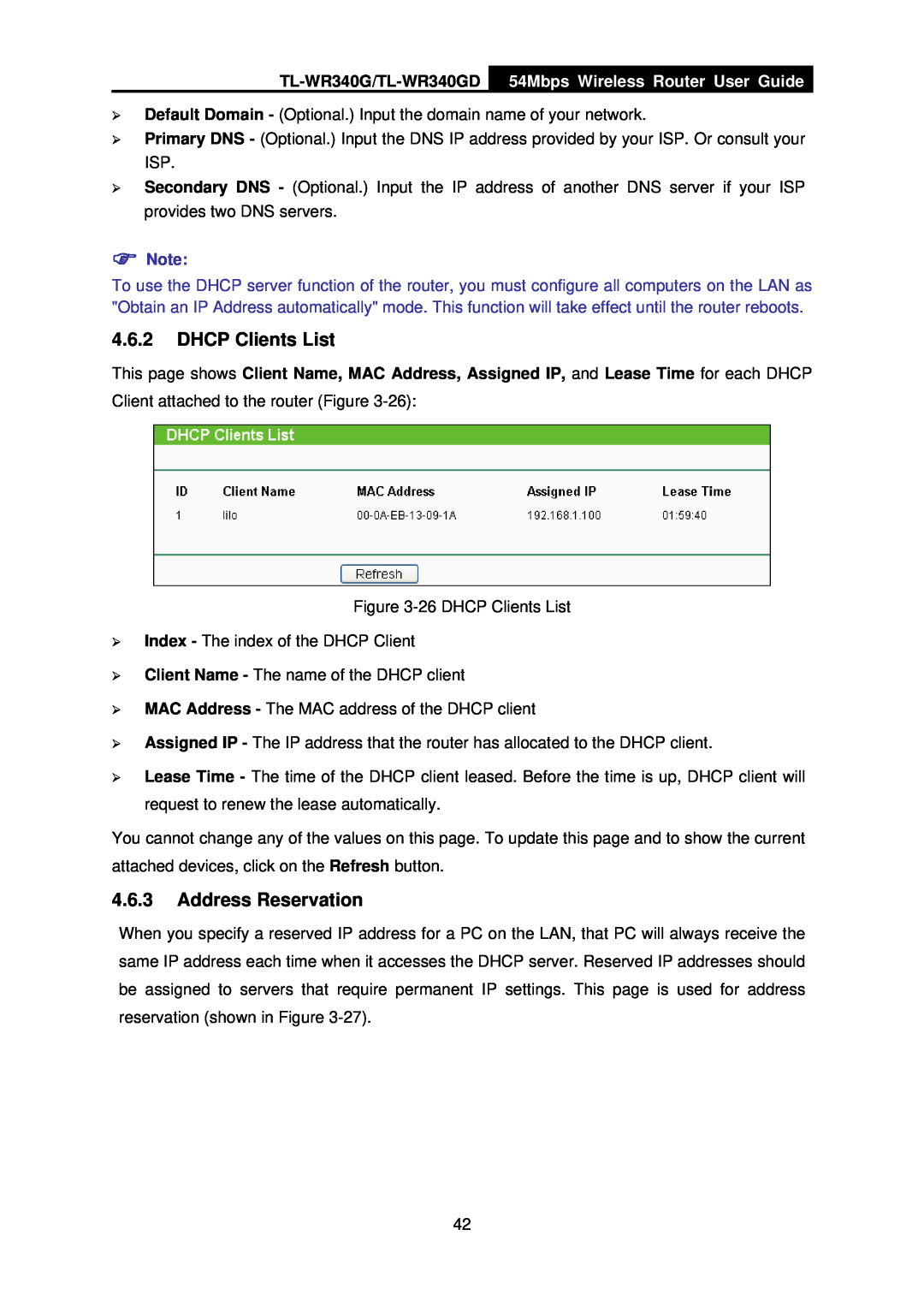 TP-Link manual DHCP Clients List, Address Reservation, TL-WR340G/TL-WR340GD, 54Mbps Wireless Router User Guide 