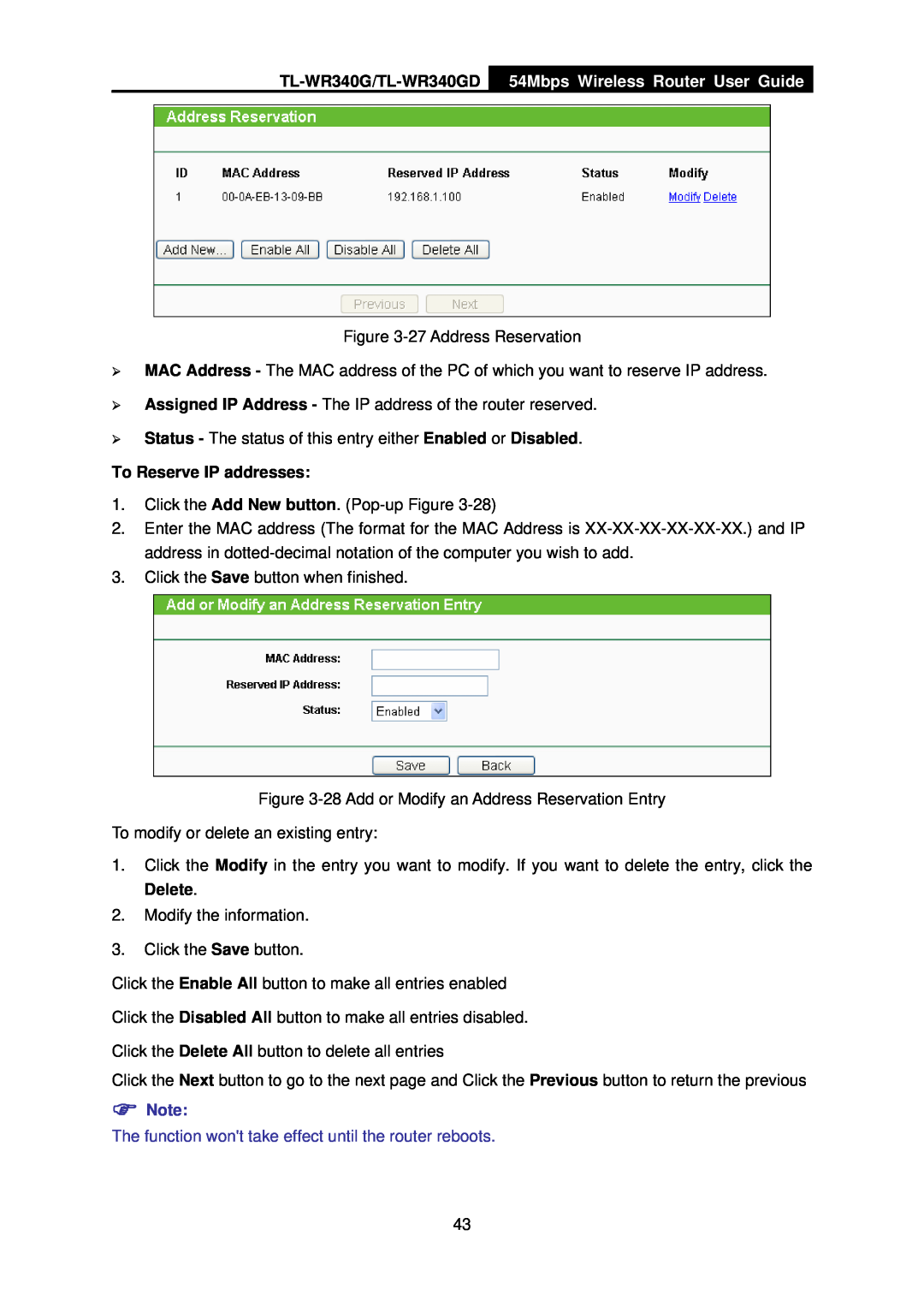 TP-Link manual TL-WR340G/TL-WR340GD, 54Mbps Wireless Router User Guide, To Reserve IP addresses 