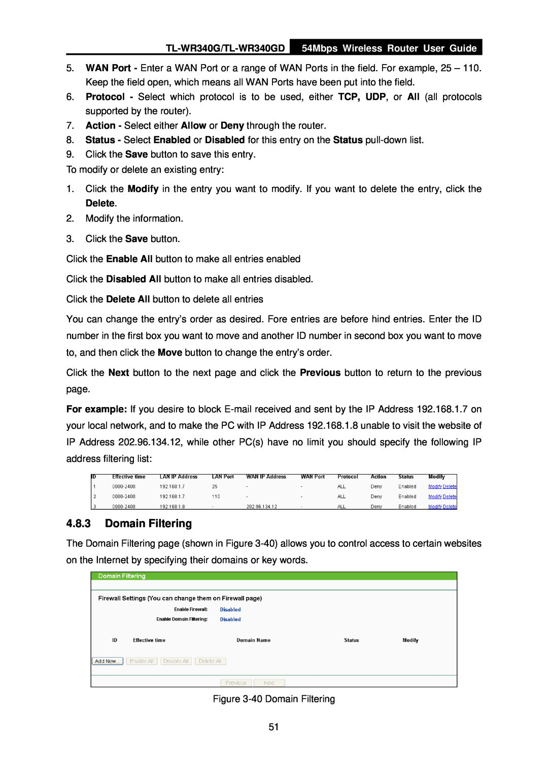 TP-Link manual Domain Filtering, TL-WR340G/TL-WR340GD, 54Mbps Wireless Router User Guide 