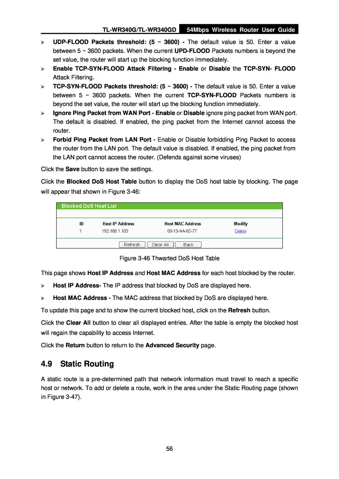 TP-Link manual Static Routing, TL-WR340G/TL-WR340GD, 54Mbps Wireless Router User Guide 