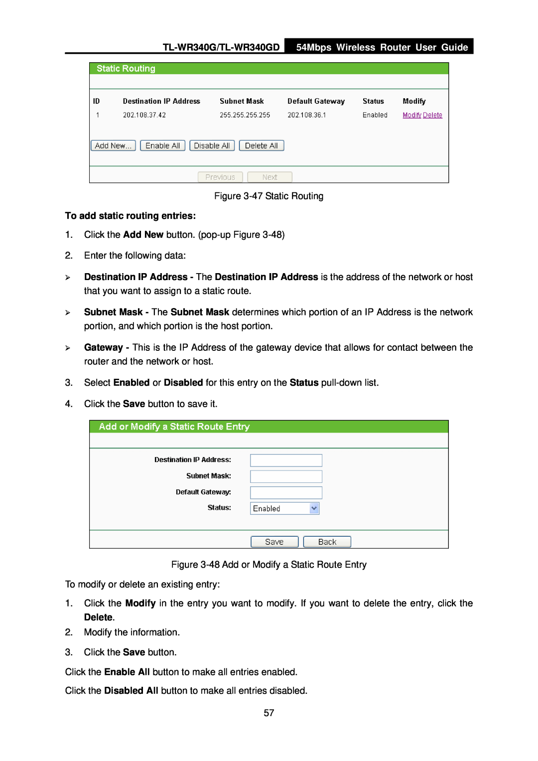 TP-Link manual TL-WR340G/TL-WR340GD, 54Mbps Wireless Router User Guide, To add static routing entries 