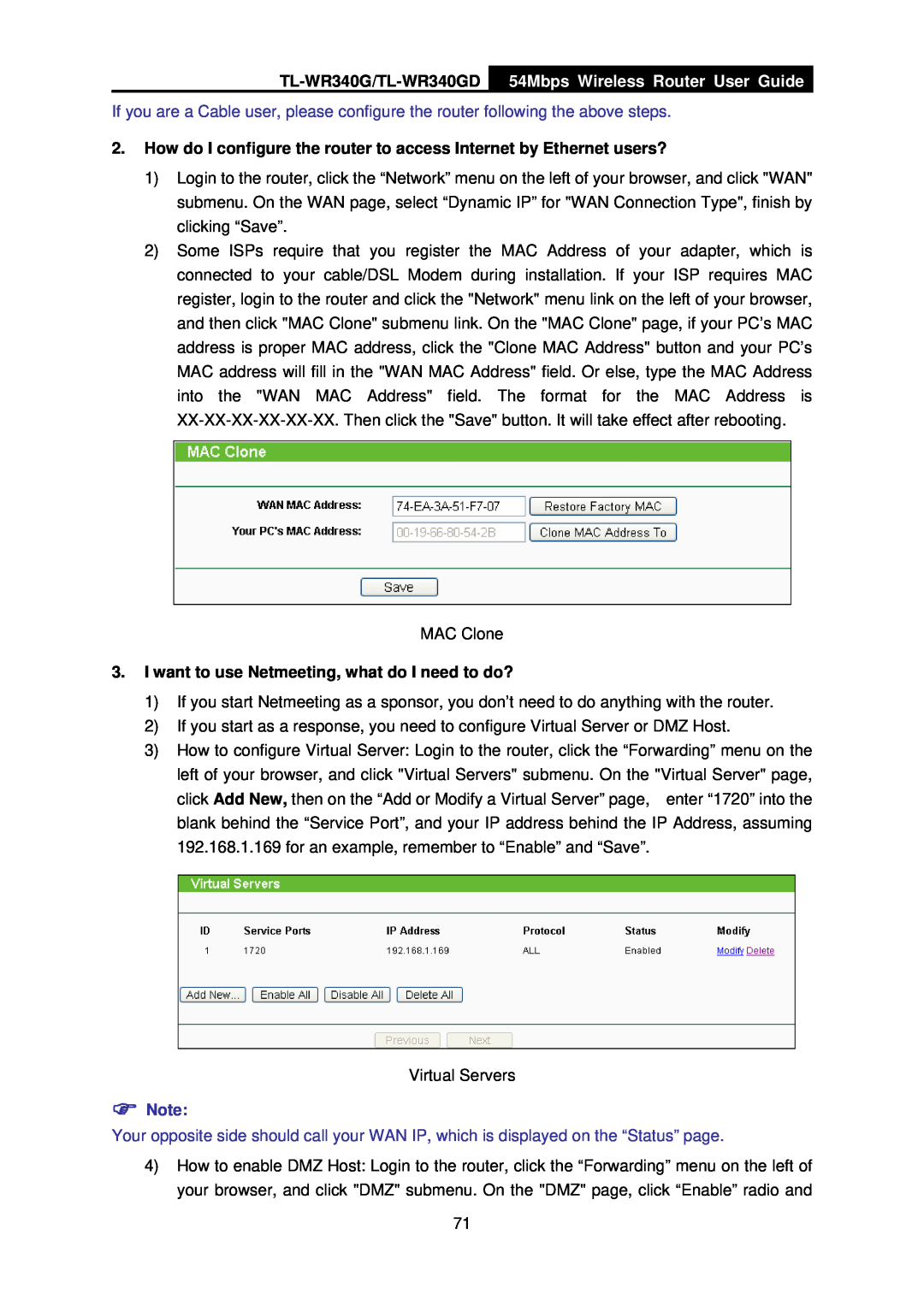 TP-Link manual TL-WR340G/TL-WR340GD, 54Mbps Wireless Router User Guide, MAC Clone 