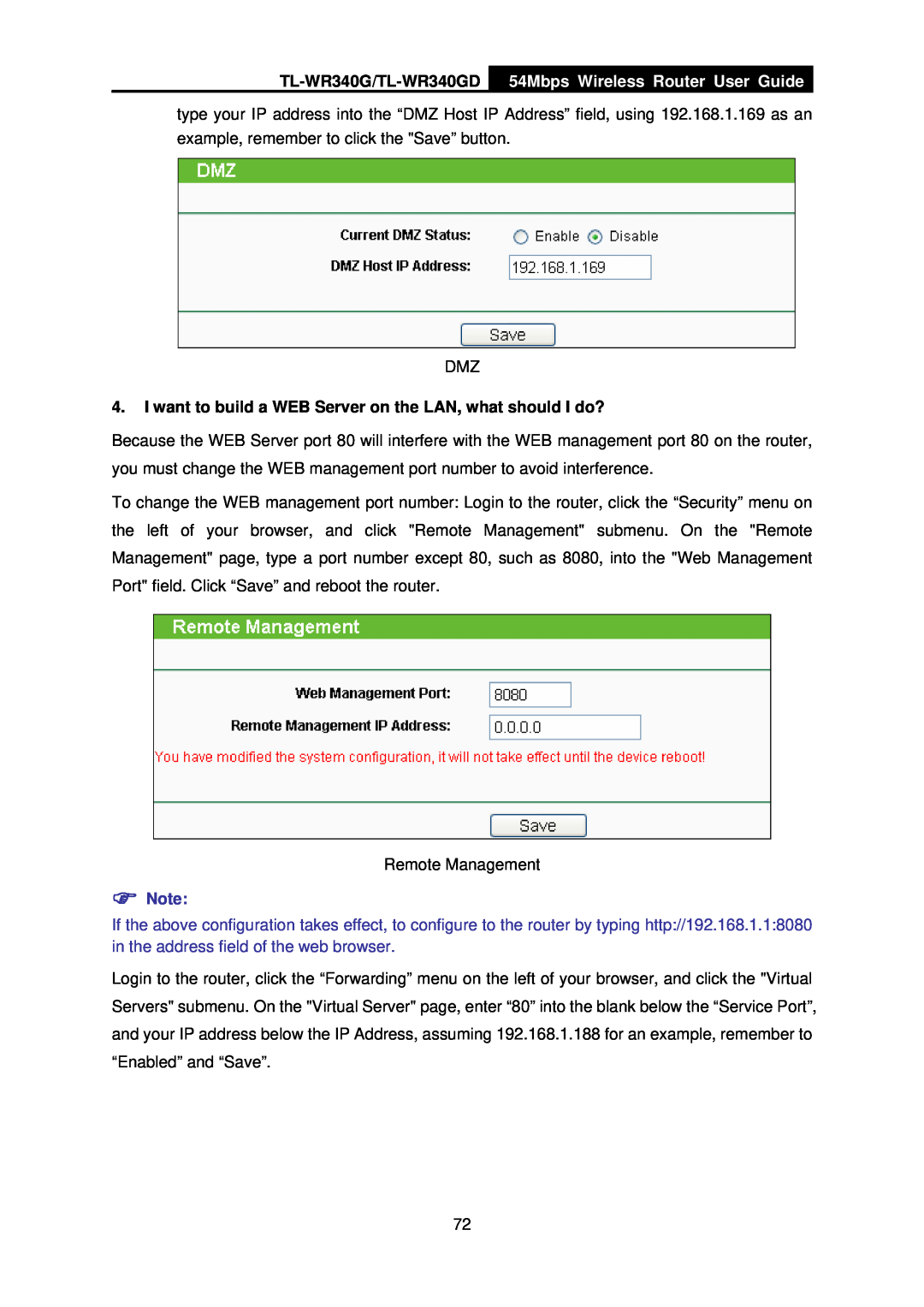 TP-Link manual TL-WR340G/TL-WR340GD, 54Mbps Wireless Router User Guide, Remote Management 