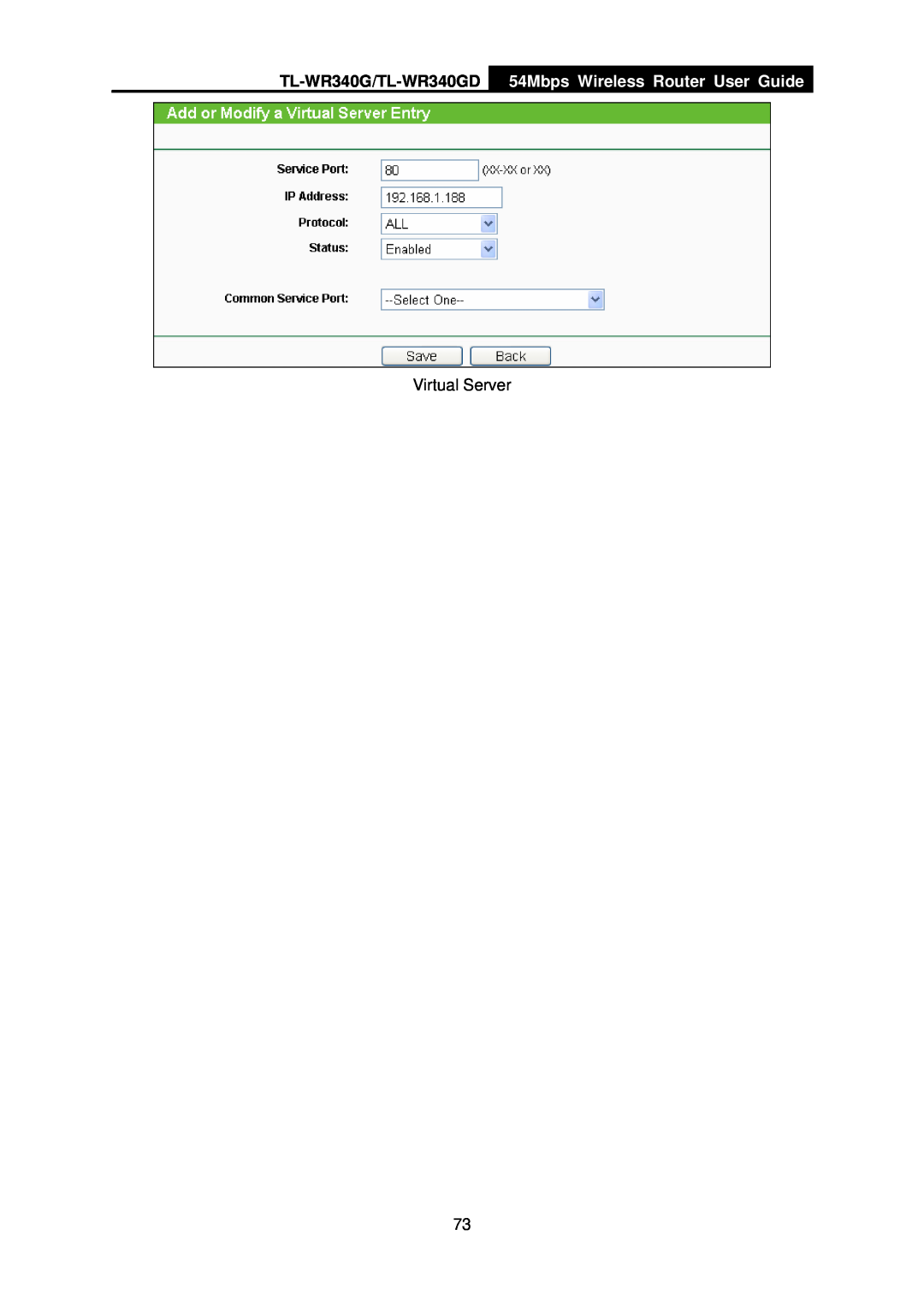 TP-Link manual TL-WR340G/TL-WR340GD, 54Mbps Wireless Router User Guide, Virtual Server 