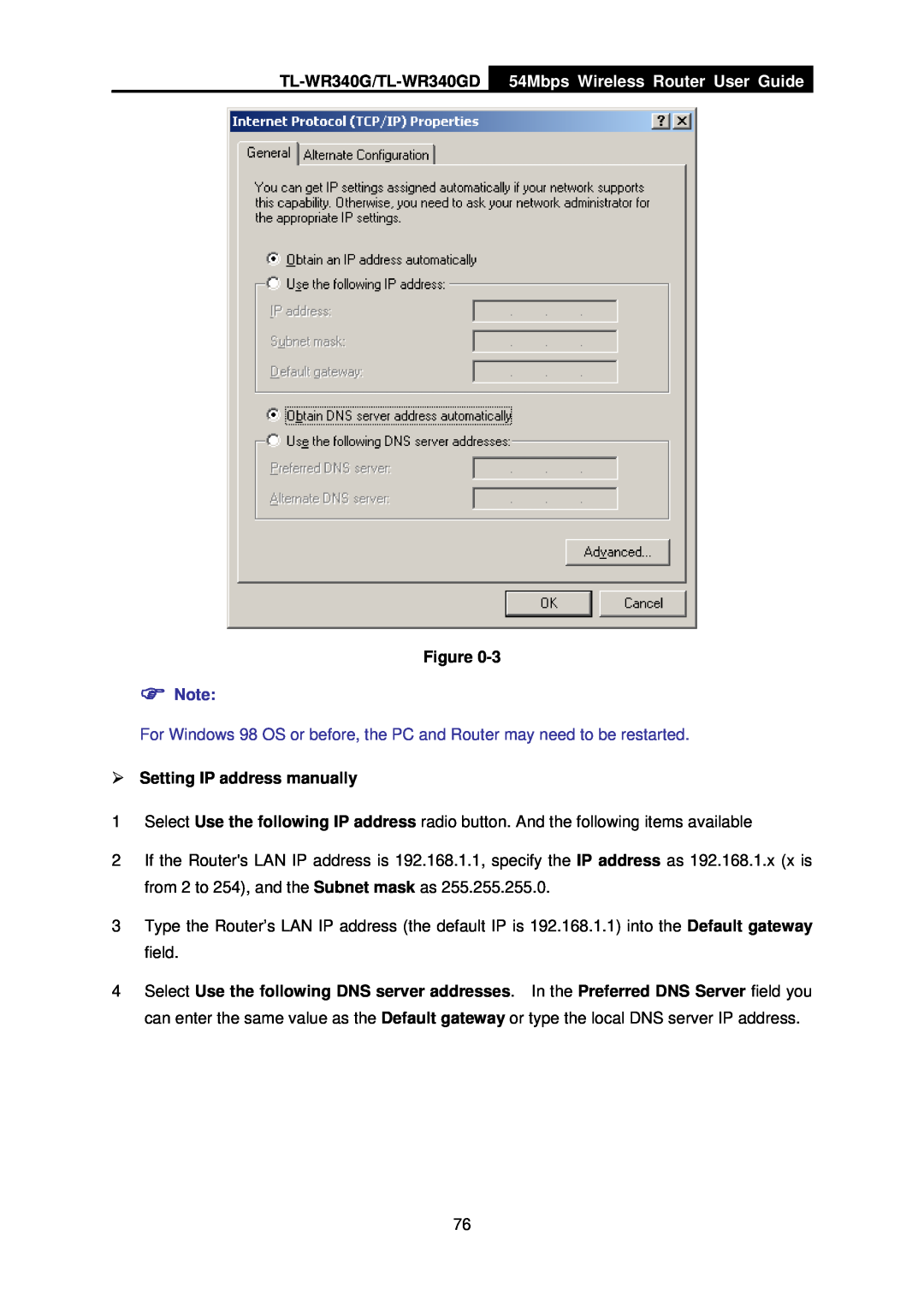 TP-Link TL-WR340G/TL-WR340GD, 54Mbps Wireless Router User Guide, ¾ Setting IP address manually 