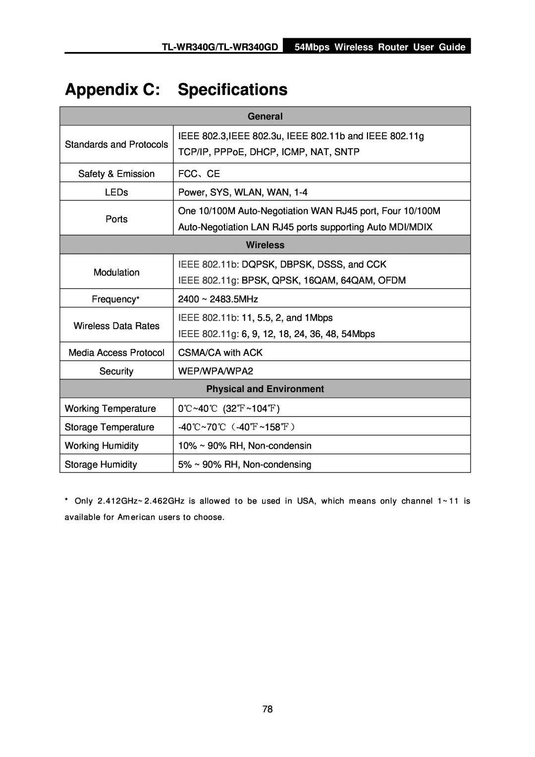 TP-Link Appendix C, Specifications, TL-WR340G/TL-WR340GD, 54Mbps Wireless Router User Guide, Physical and Environment 