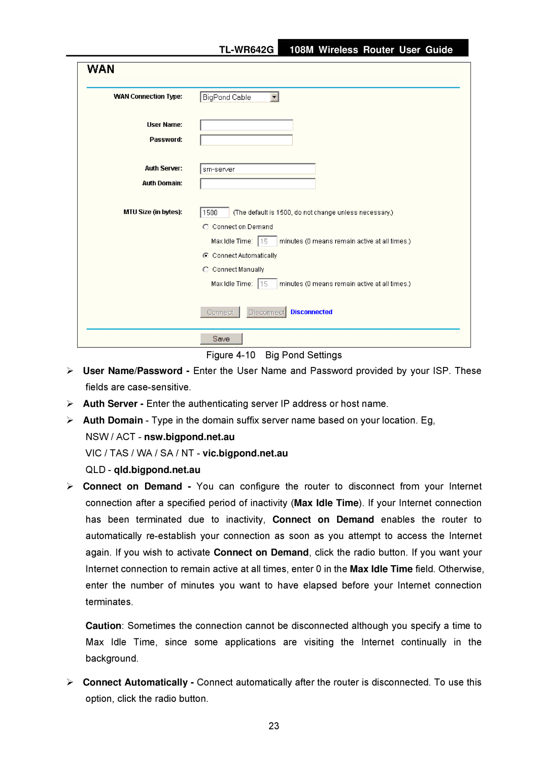 TP-Link TL-WR642G manual NSW / ACT nsw.bigpond.net.au, QLD qld.bigpond.net.au 