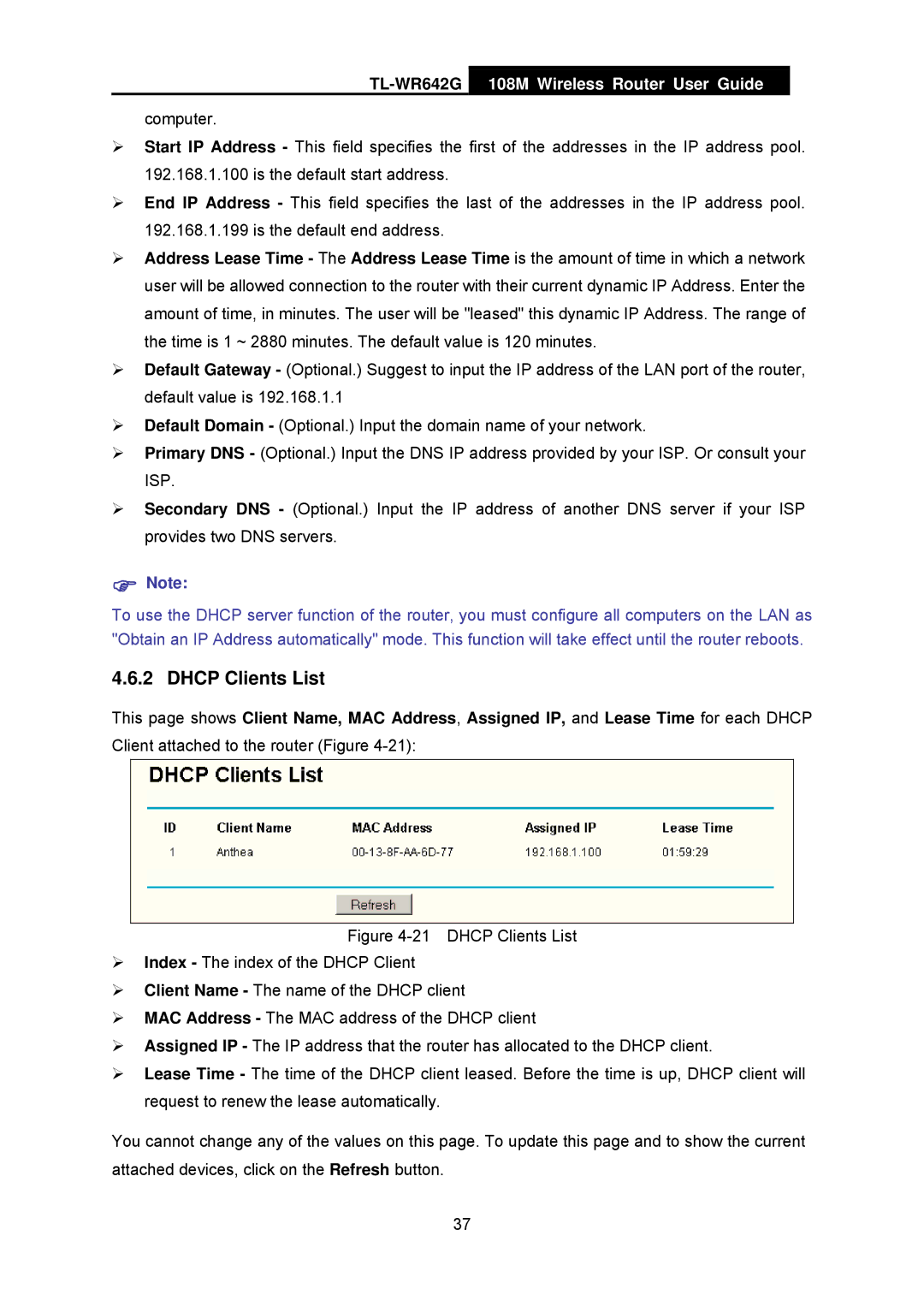 TP-Link TL-WR642G manual Dhcp Clients List 