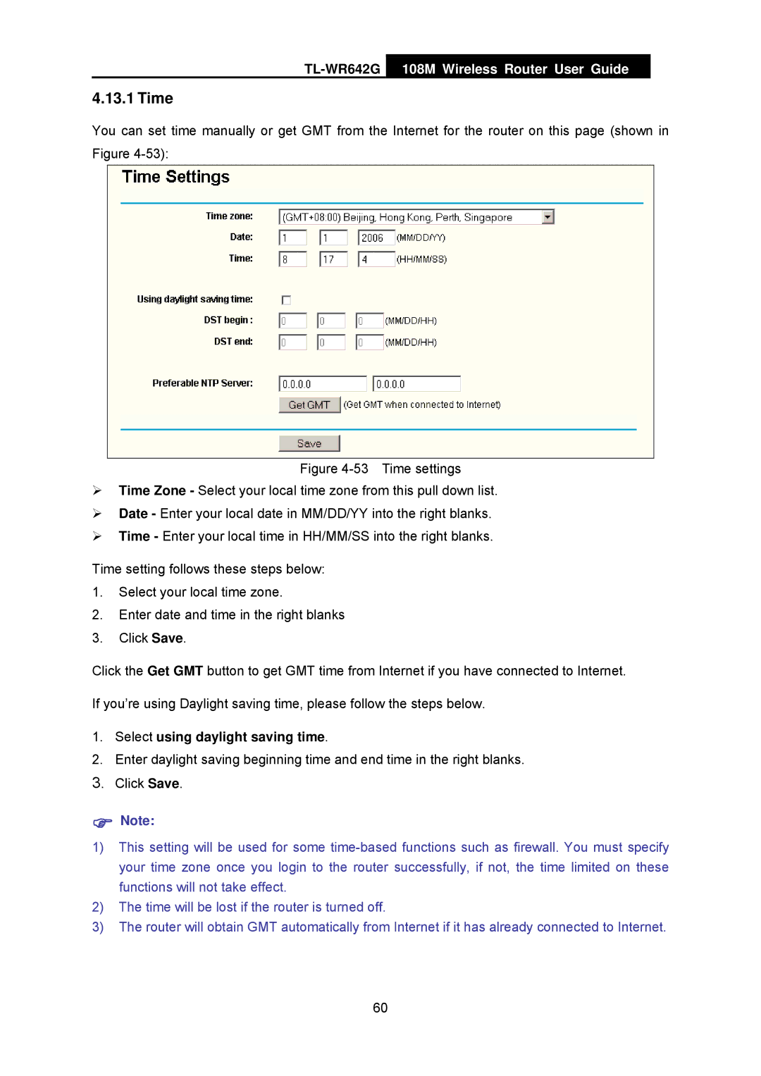 TP-Link TL-WR642G manual Time, Select using daylight saving time 