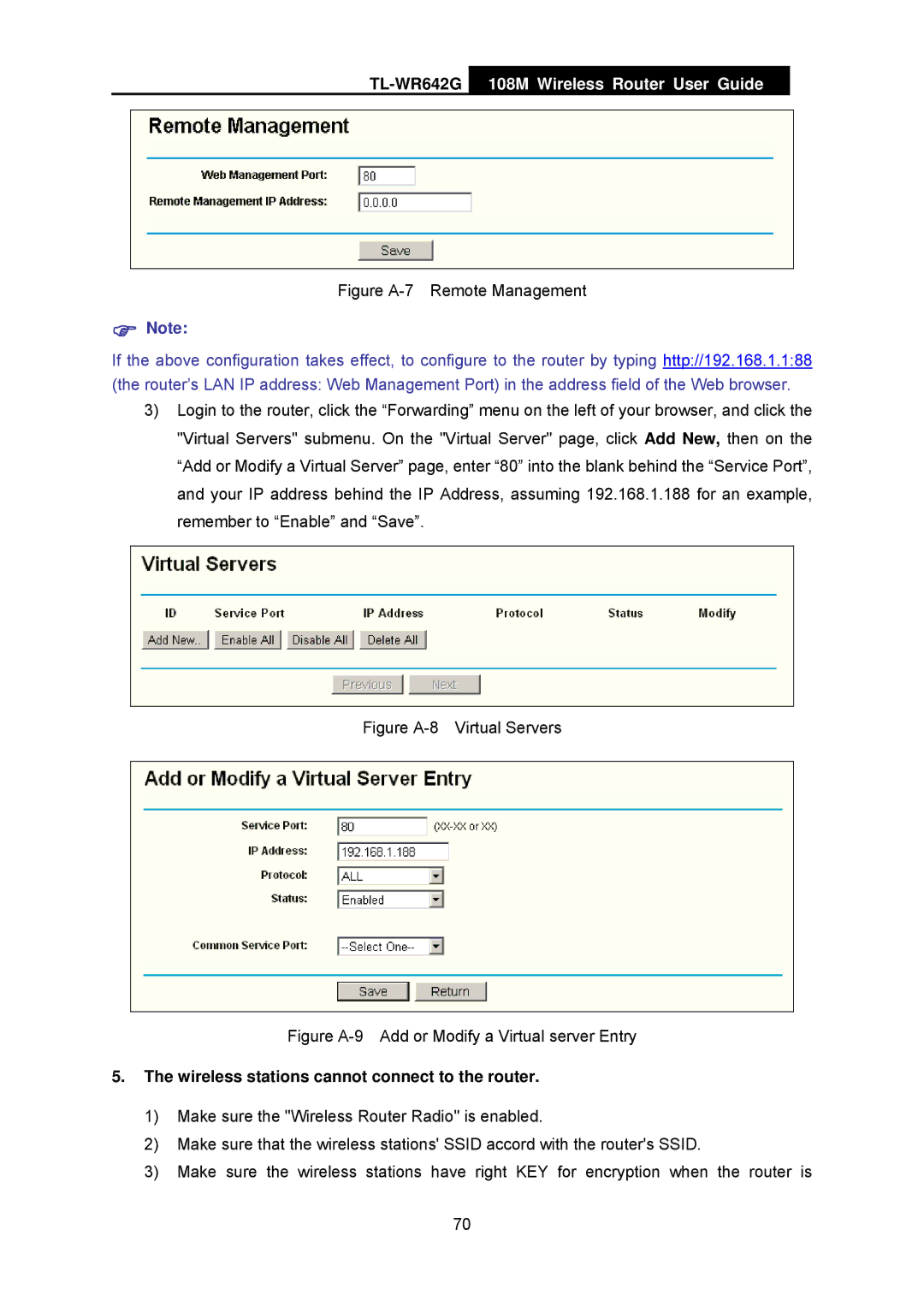 TP-Link TL-WR642G manual Figure A-7 Remote Management, Wireless stations cannot connect to the router 