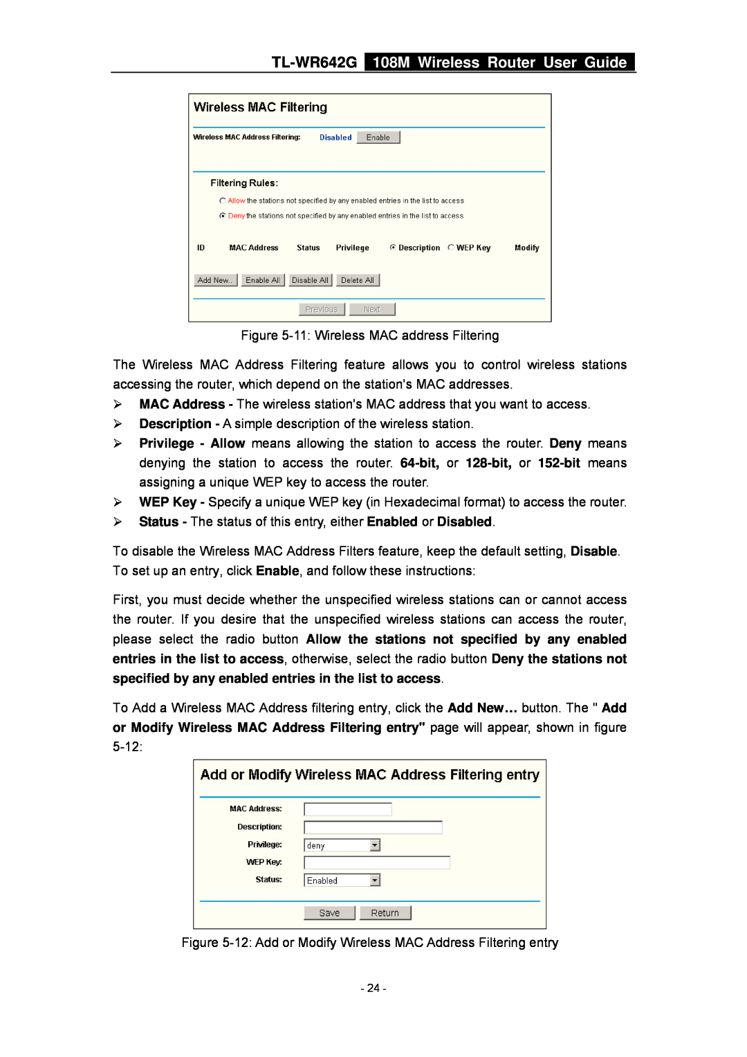 TP-Link manual TL-WR642G 108M Wireless Router User Guide, 11 Wireless MAC address Filtering 