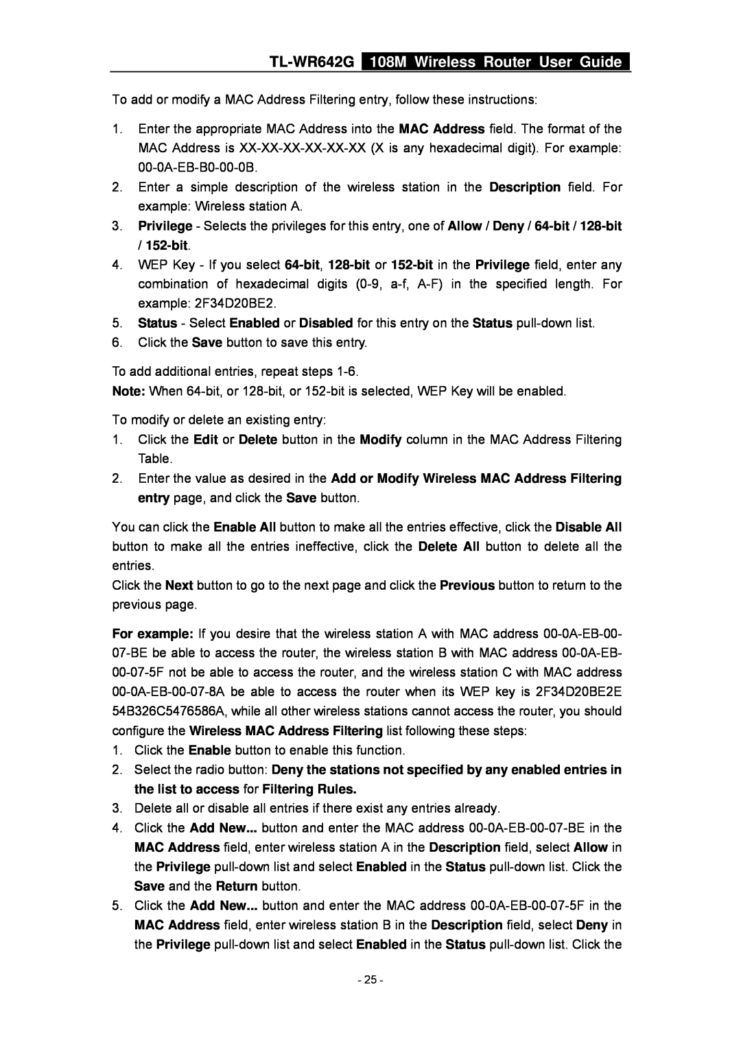 TP-Link manual TL-WR642G 108M Wireless Router User Guide, Click the Save button to save this entry 