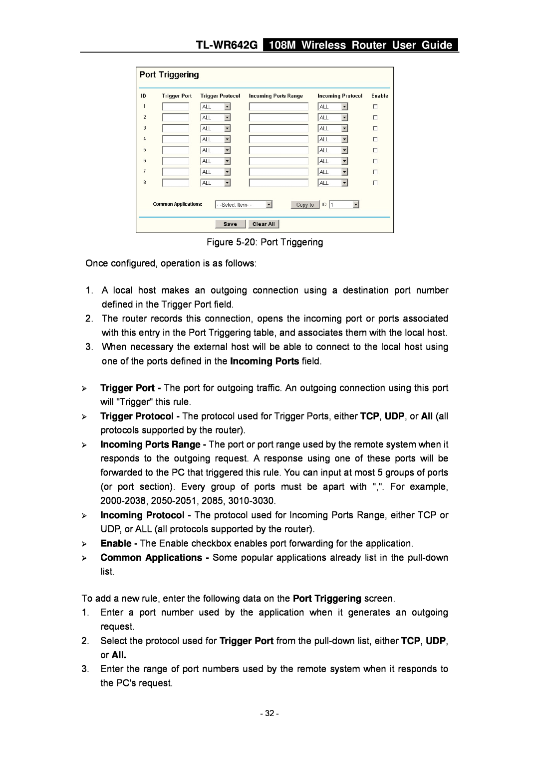 TP-Link manual TL-WR642G 108M Wireless Router User Guide, 20 Port Triggering Once configured, operation is as follows 