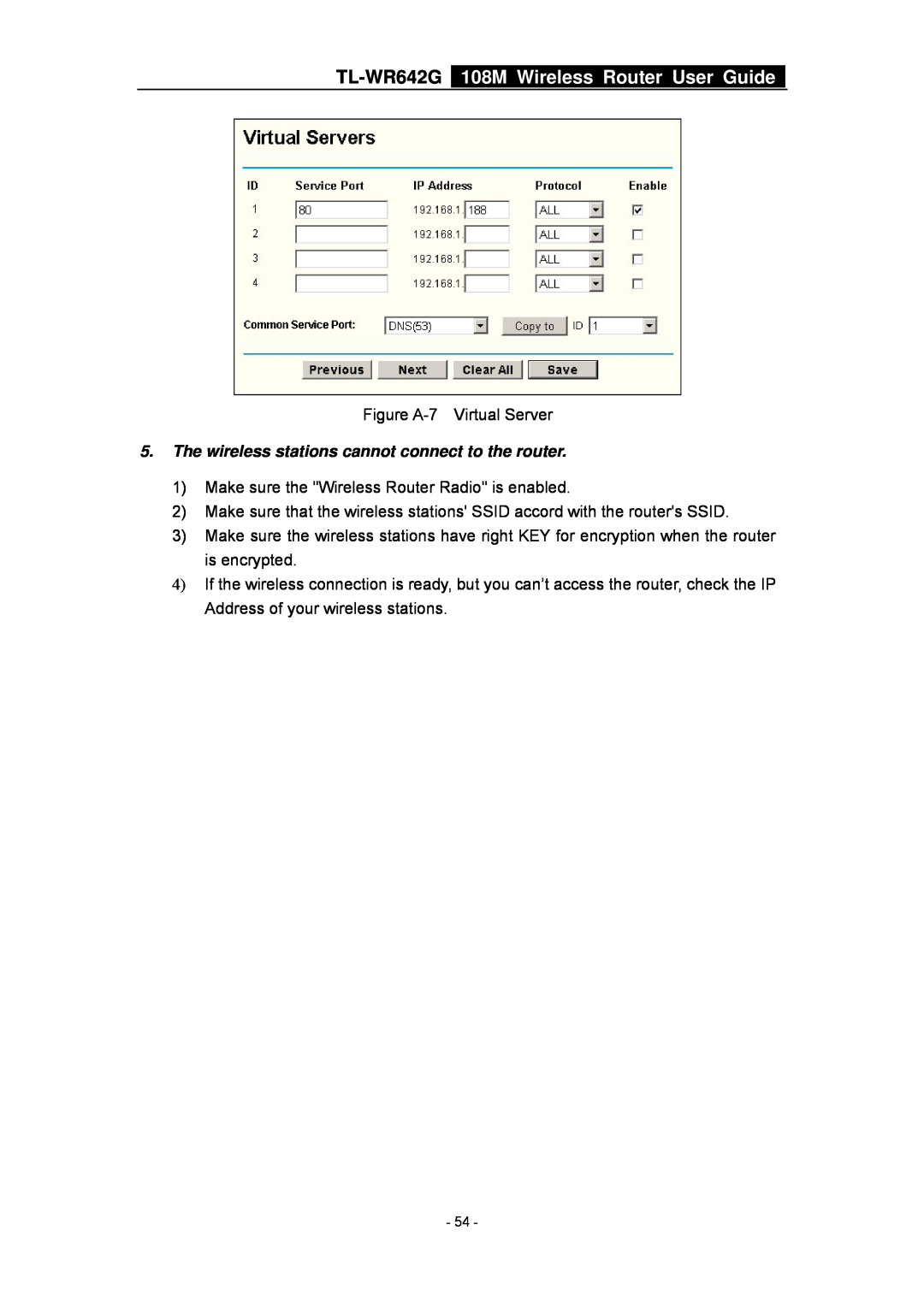 TP-Link manual The wireless stations cannot connect to the router, TL-WR642G 108M Wireless Router User Guide 