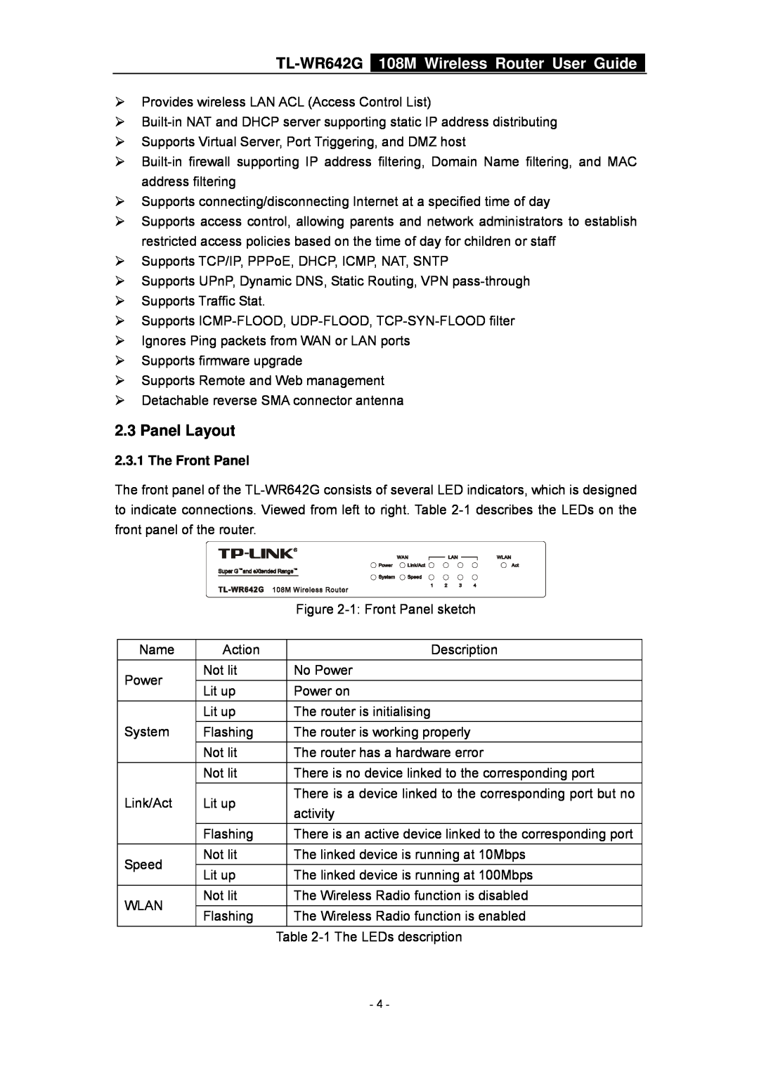 TP-Link manual Panel Layout, The Front Panel, TL-WR642G 108M Wireless Router User Guide 