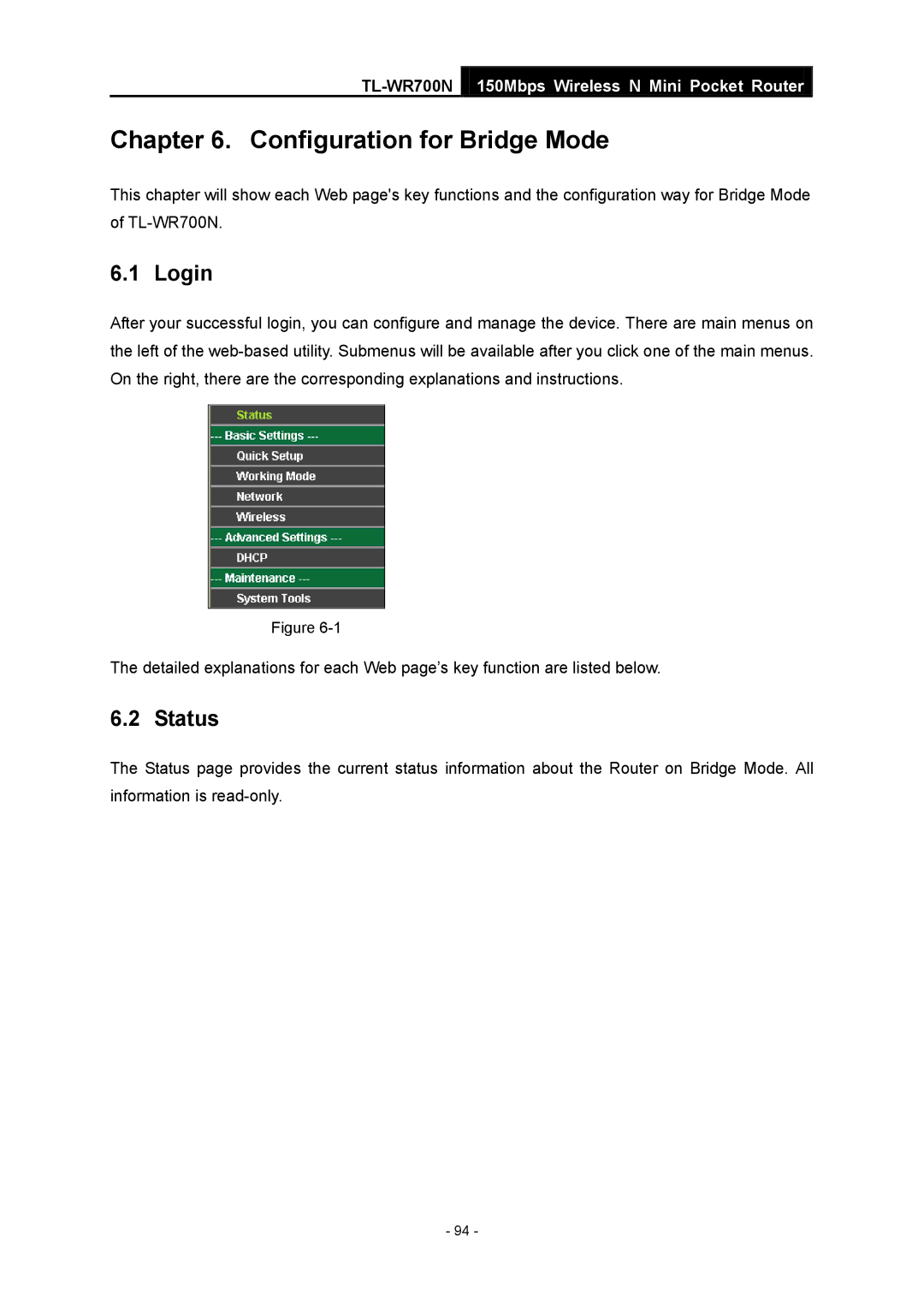 TP-Link TL-WR700N manual Configuration for Bridge Mode, Login 