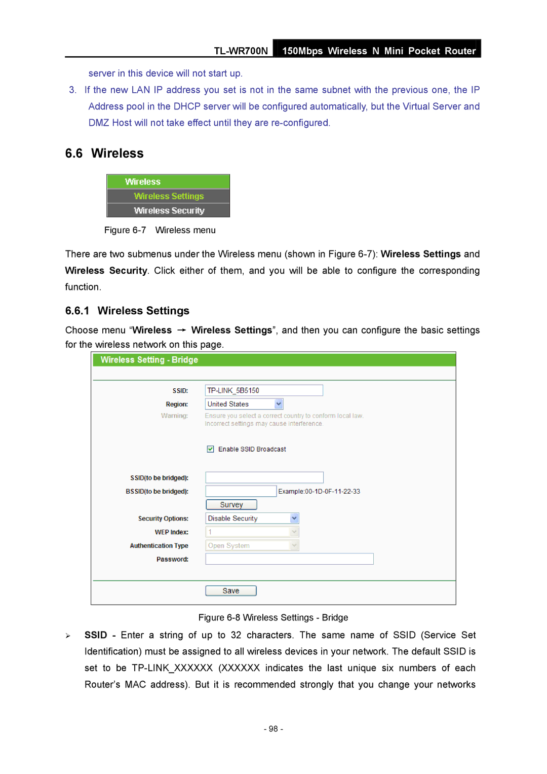 TP-Link TL-WR700N manual Wireless Settings Bridge 