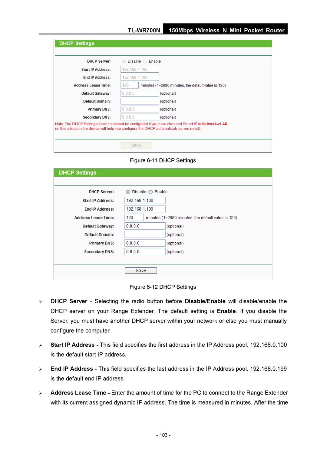 TP-Link TL-WR700N manual Dhcp Settings 