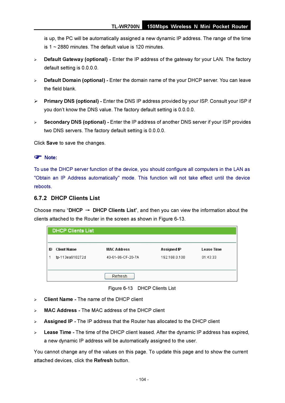 TP-Link TL-WR700N manual Dhcp Clients List 