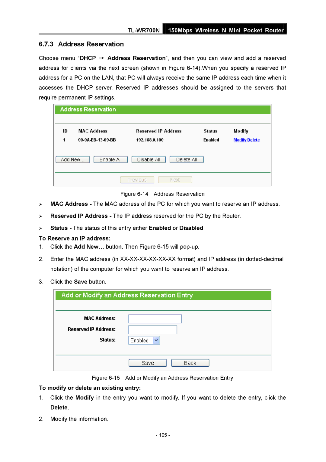 TP-Link TL-WR700N manual Address Reservation 