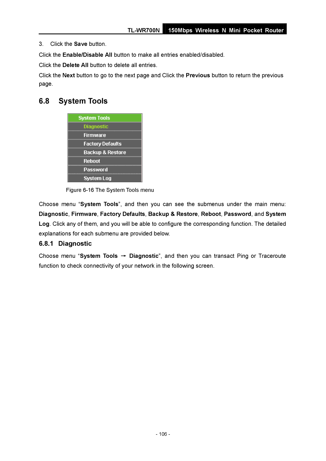 TP-Link TL-WR700N manual The System Tools menu 