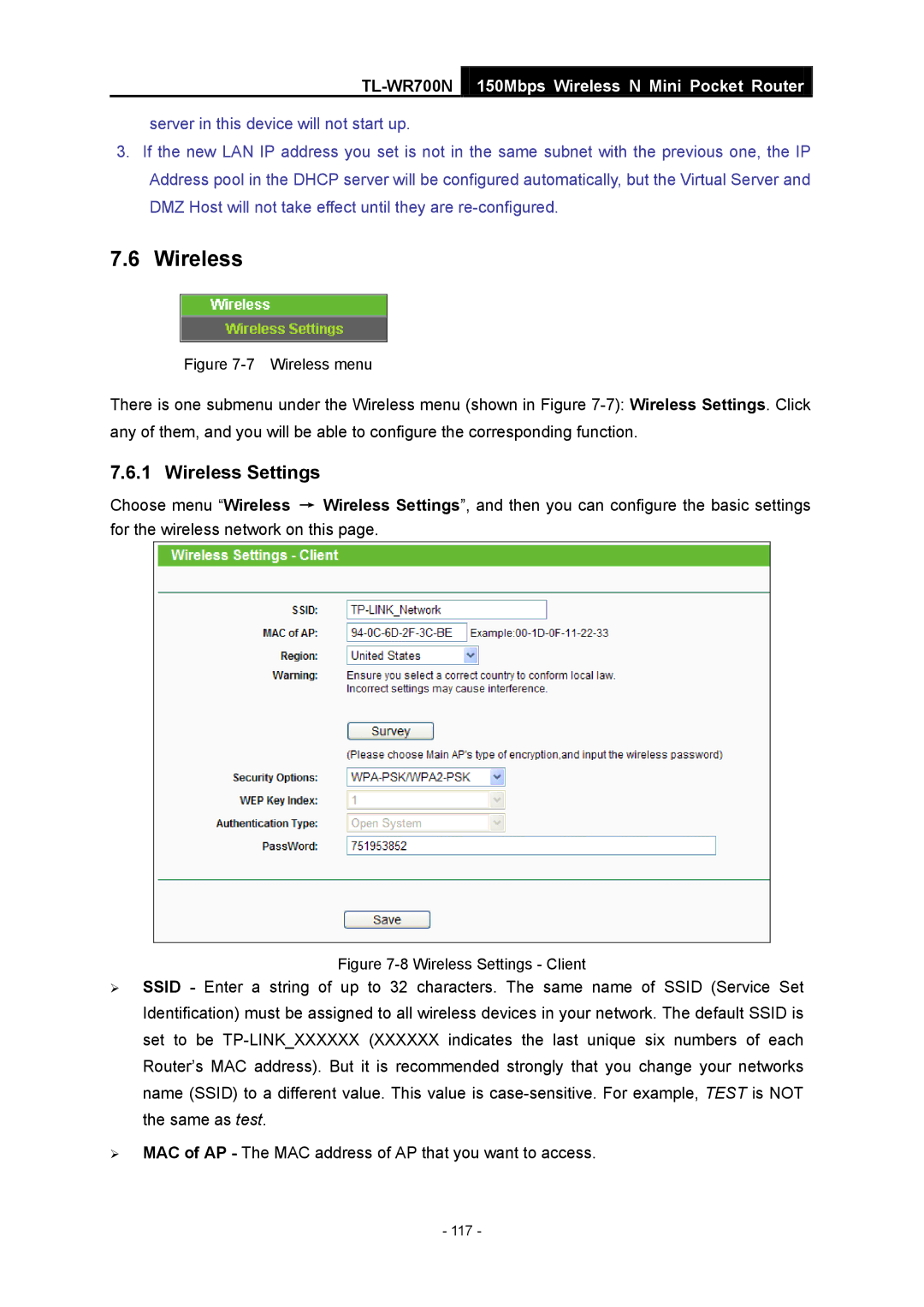 TP-Link TL-WR700N manual Wireless Settings Client 