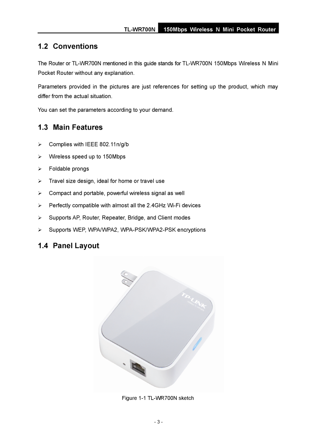 TP-Link TL-WR700N manual Conventions, Main Features, Panel Layout 