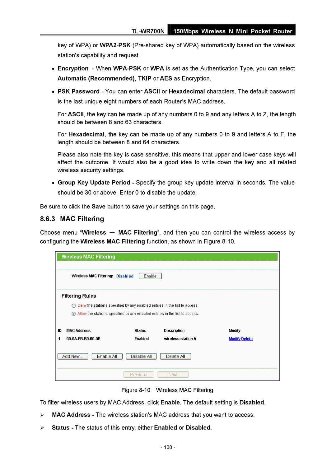 TP-Link TL-WR700N manual Wireless MAC Filtering 