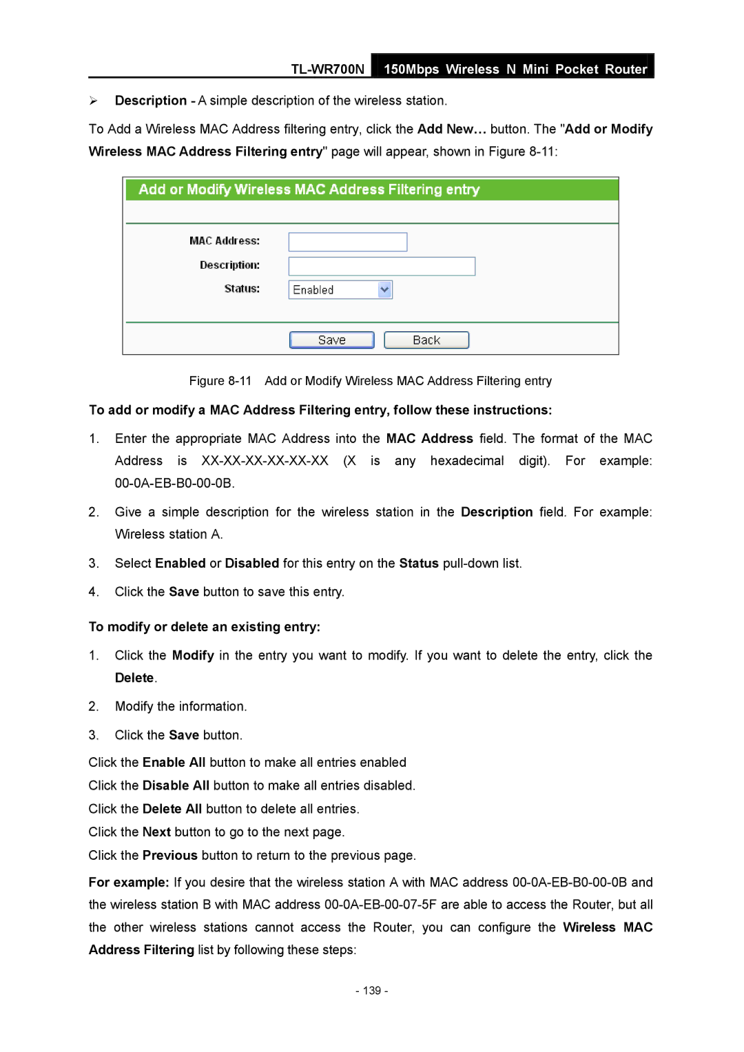 TP-Link TL-WR700N manual Add or Modify Wireless MAC Address Filtering entry 