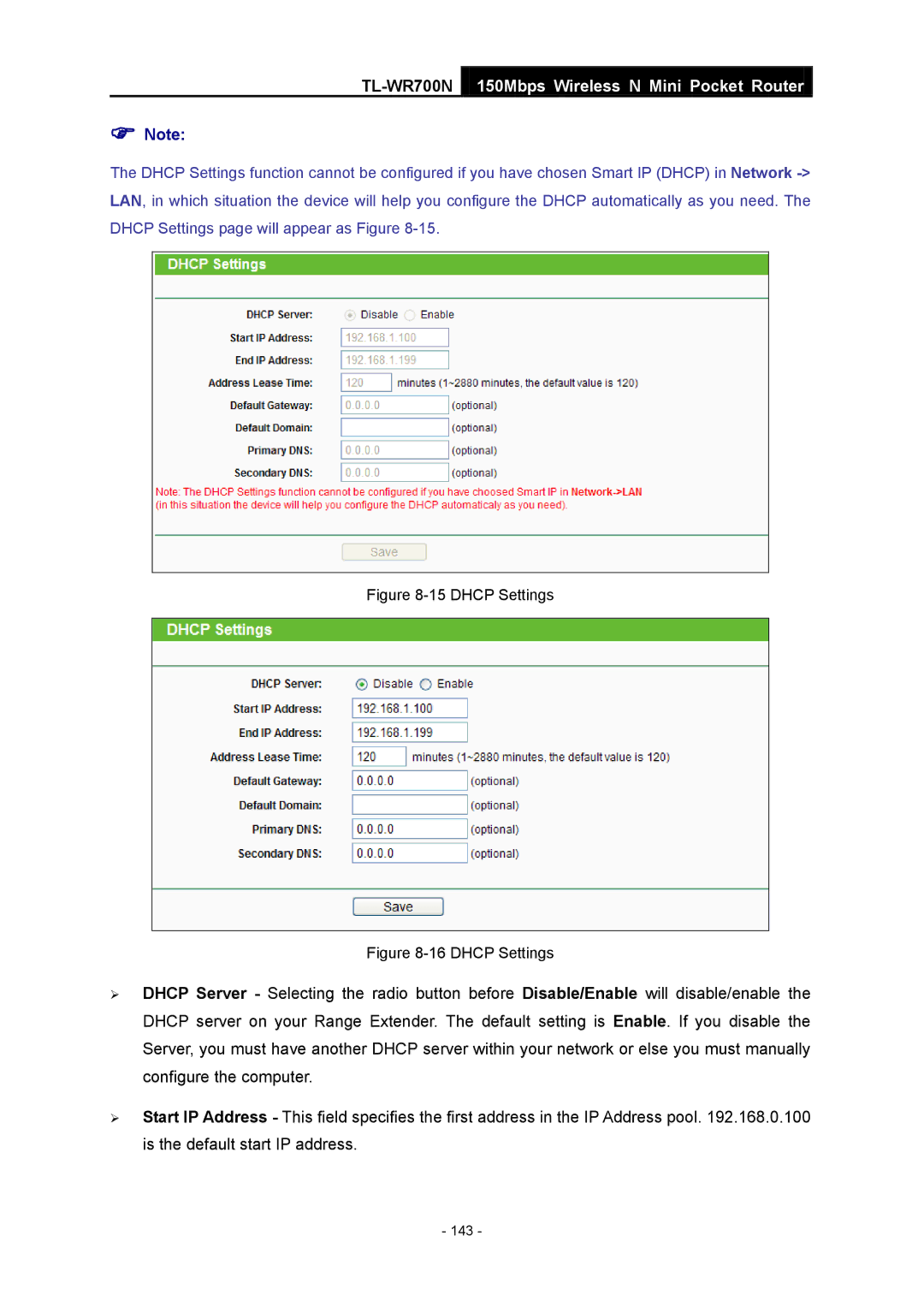 TP-Link TL-WR700N manual Dhcp Settings 