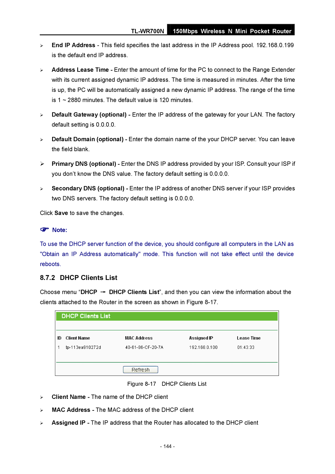 TP-Link TL-WR700N manual Dhcp Clients List 