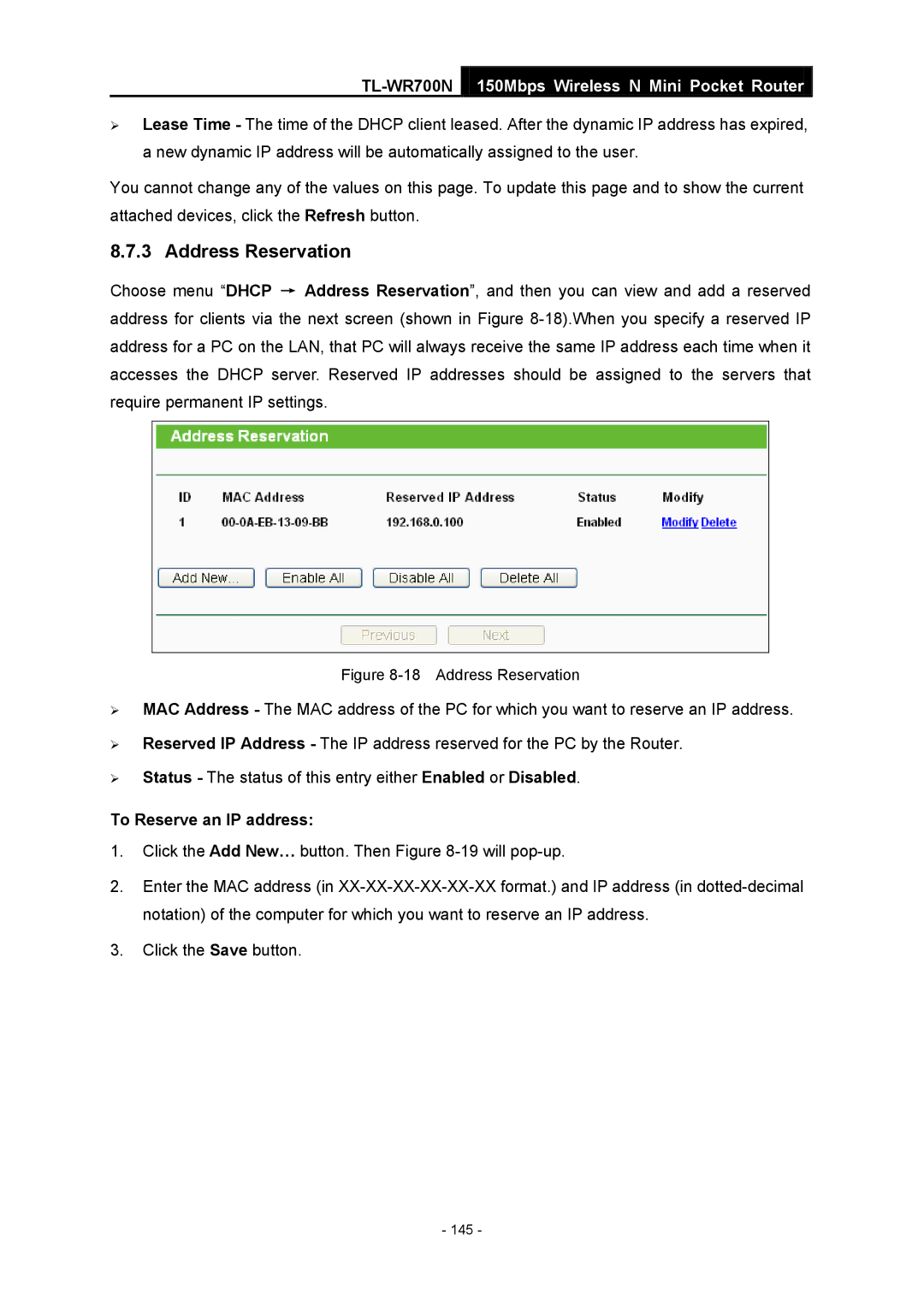 TP-Link TL-WR700N manual Address Reservation 