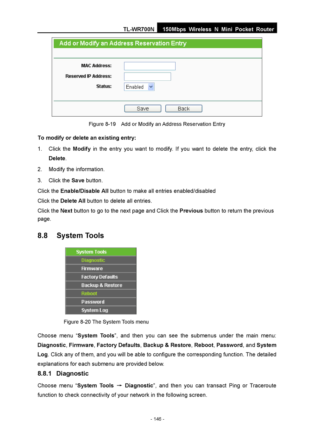 TP-Link TL-WR700N manual Add or Modify an Address Reservation Entry 