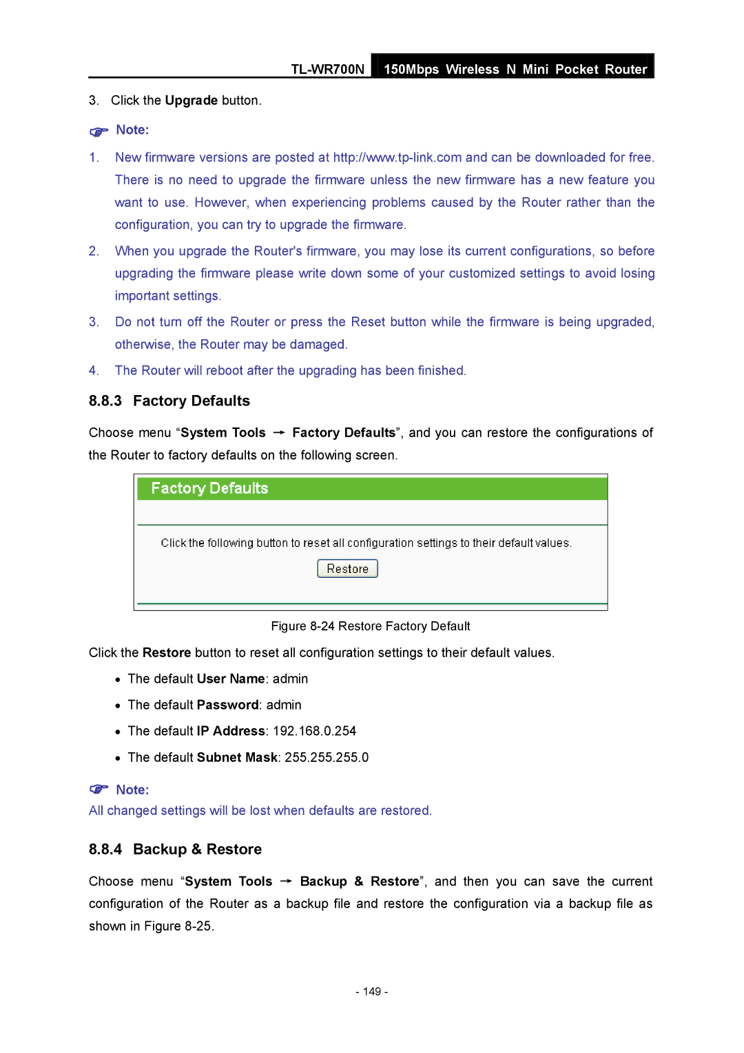 TP-Link TL-WR700N manual Restore Factory Default 